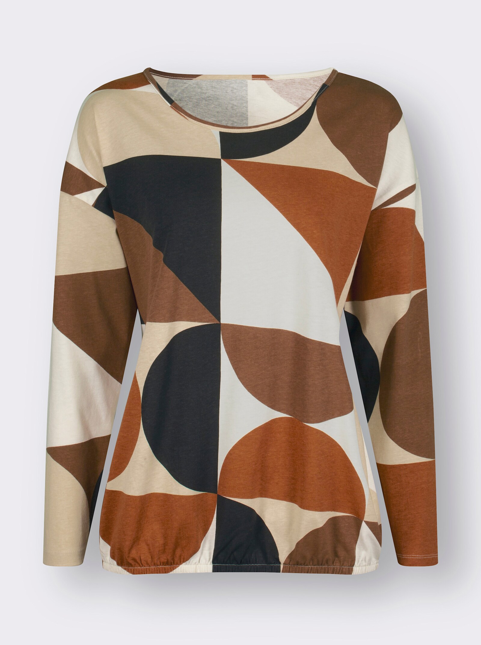 Rundhalsshirt mit elastischem Saum - sand-cognac-bedruckt