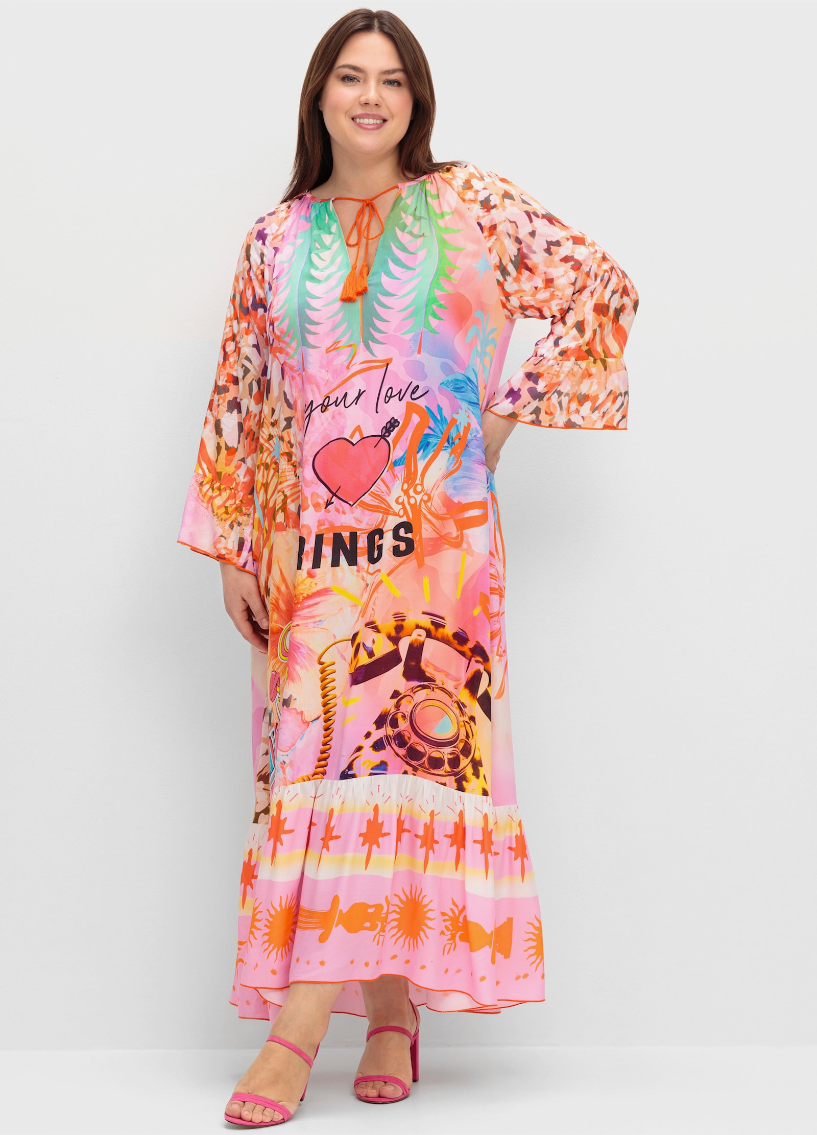 sheego loves miss goodlife Maxikleid im Mustermix, mit Volant am Saum - rotorange-gemustert