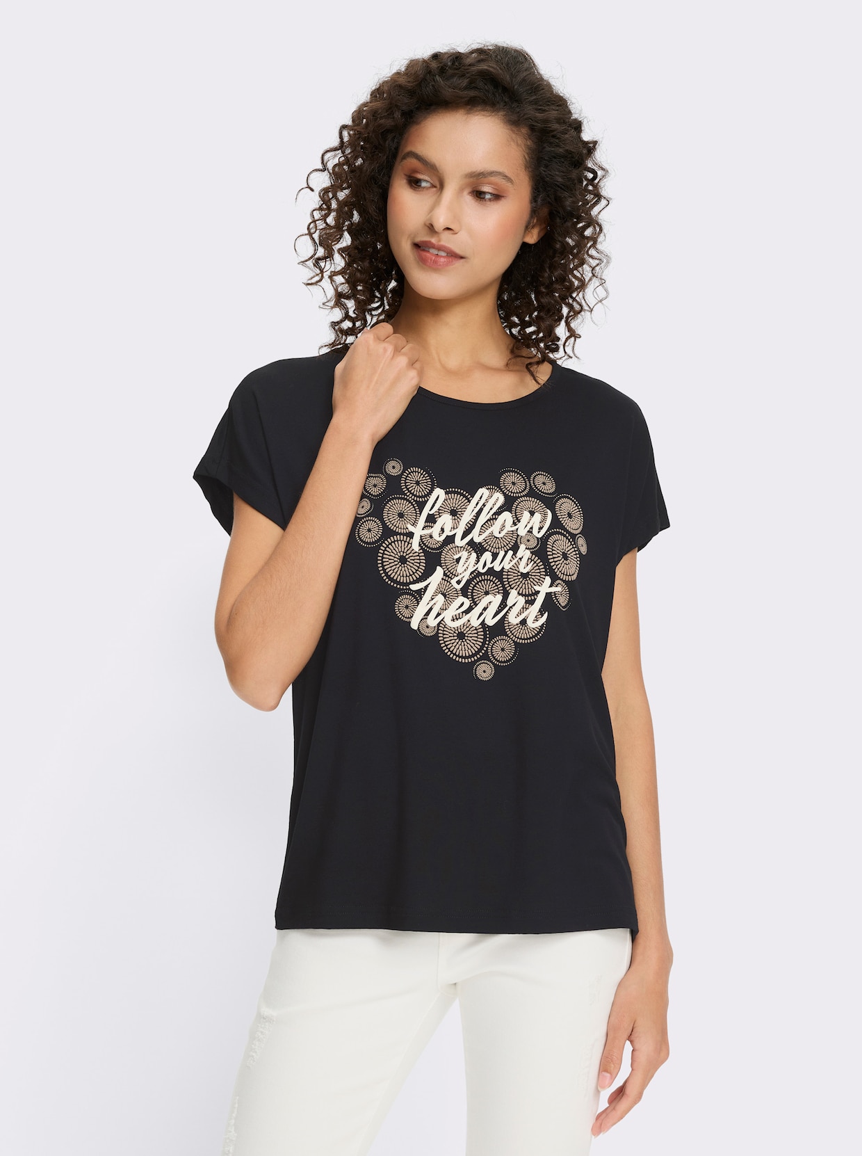 heine Kurzarmshirt - schwarz-beige-bedruckt