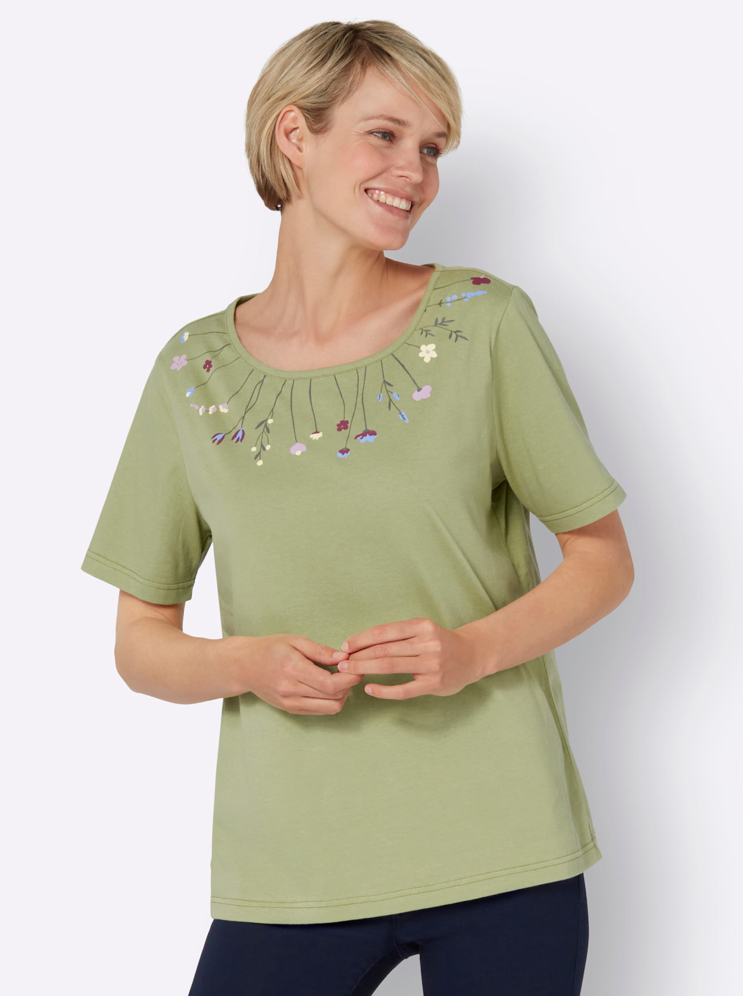 Witt Damen Rundhals-Shirt, lindgrün-himmelblau