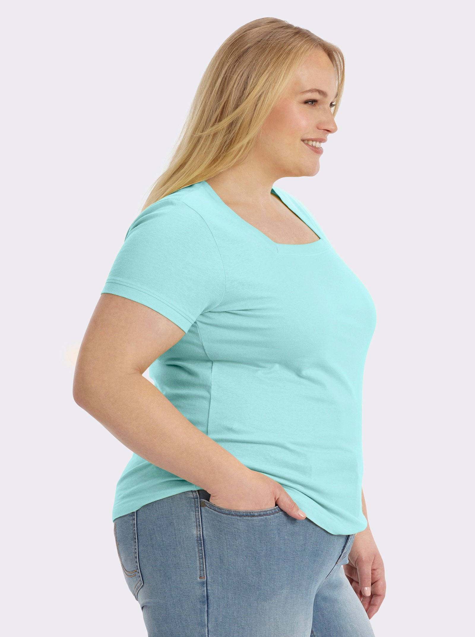 Kurzarmshirt mit Karree-Ausschnitt - türkis