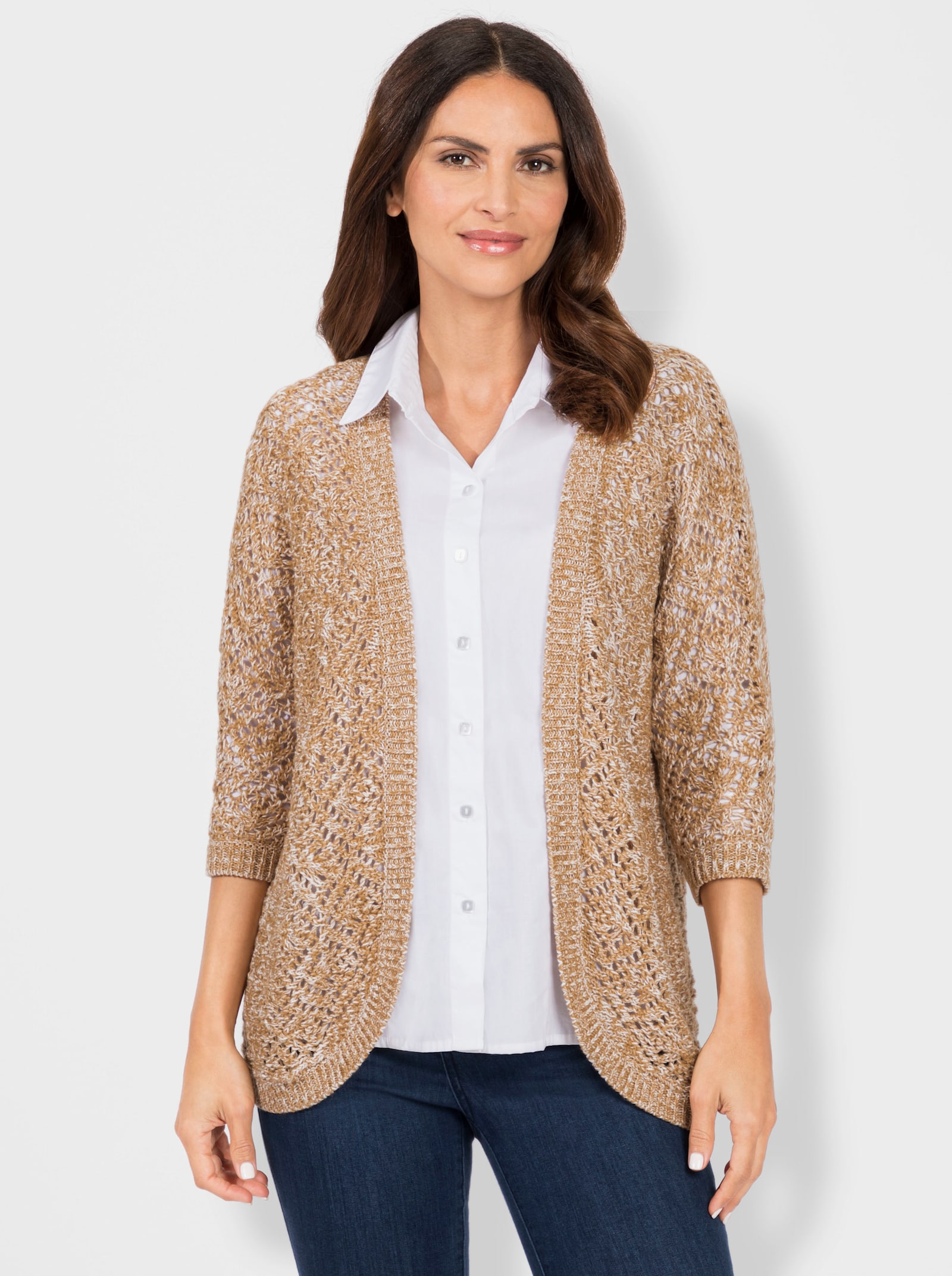 Strickjacke in Melange-Optik - camel-ecru-meliert