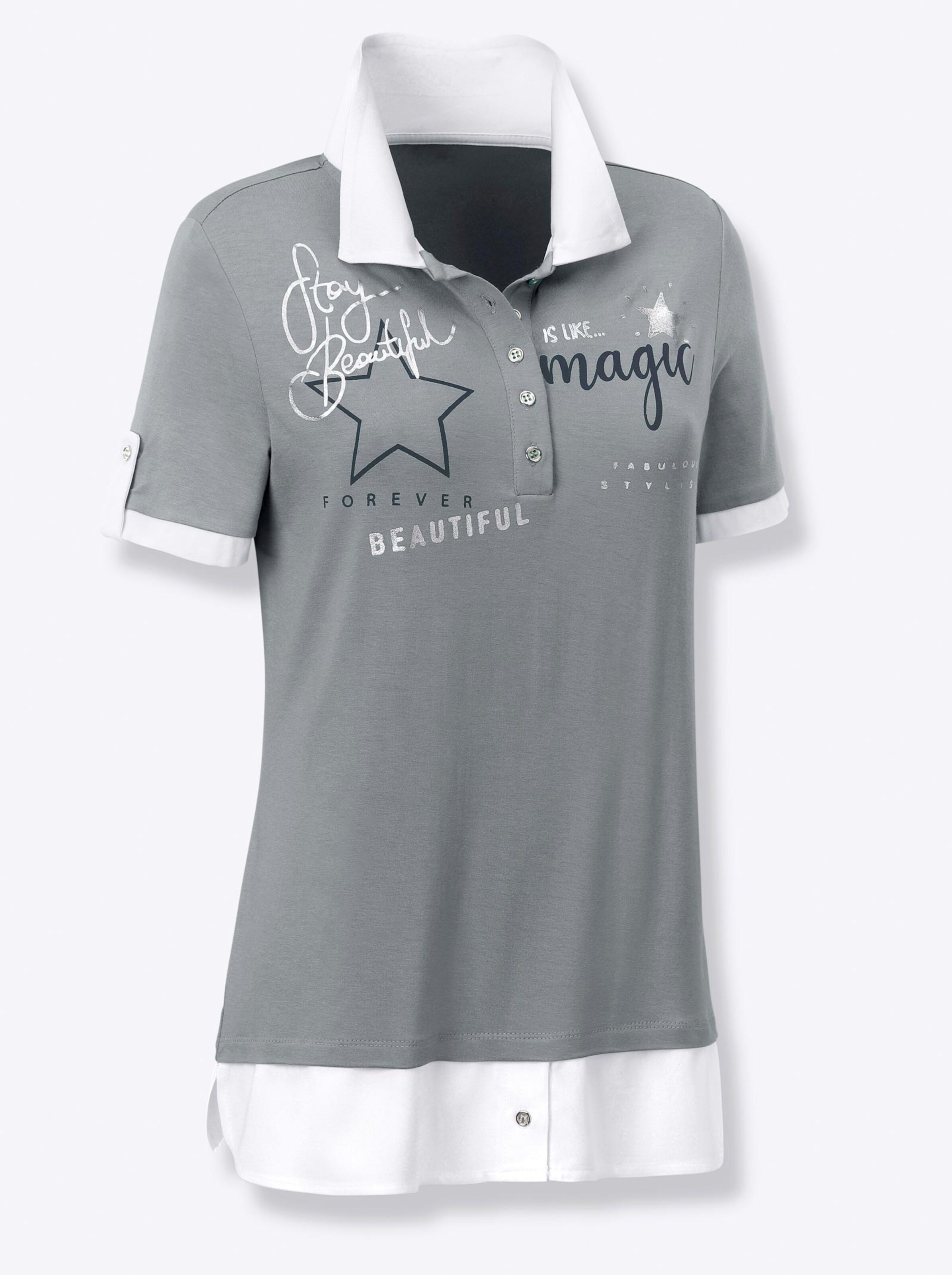 Damenmode Shirts Poloshirt in steingrau-bedruckt Damenmode Shirts Poloshirt in steingrau-bedruckt