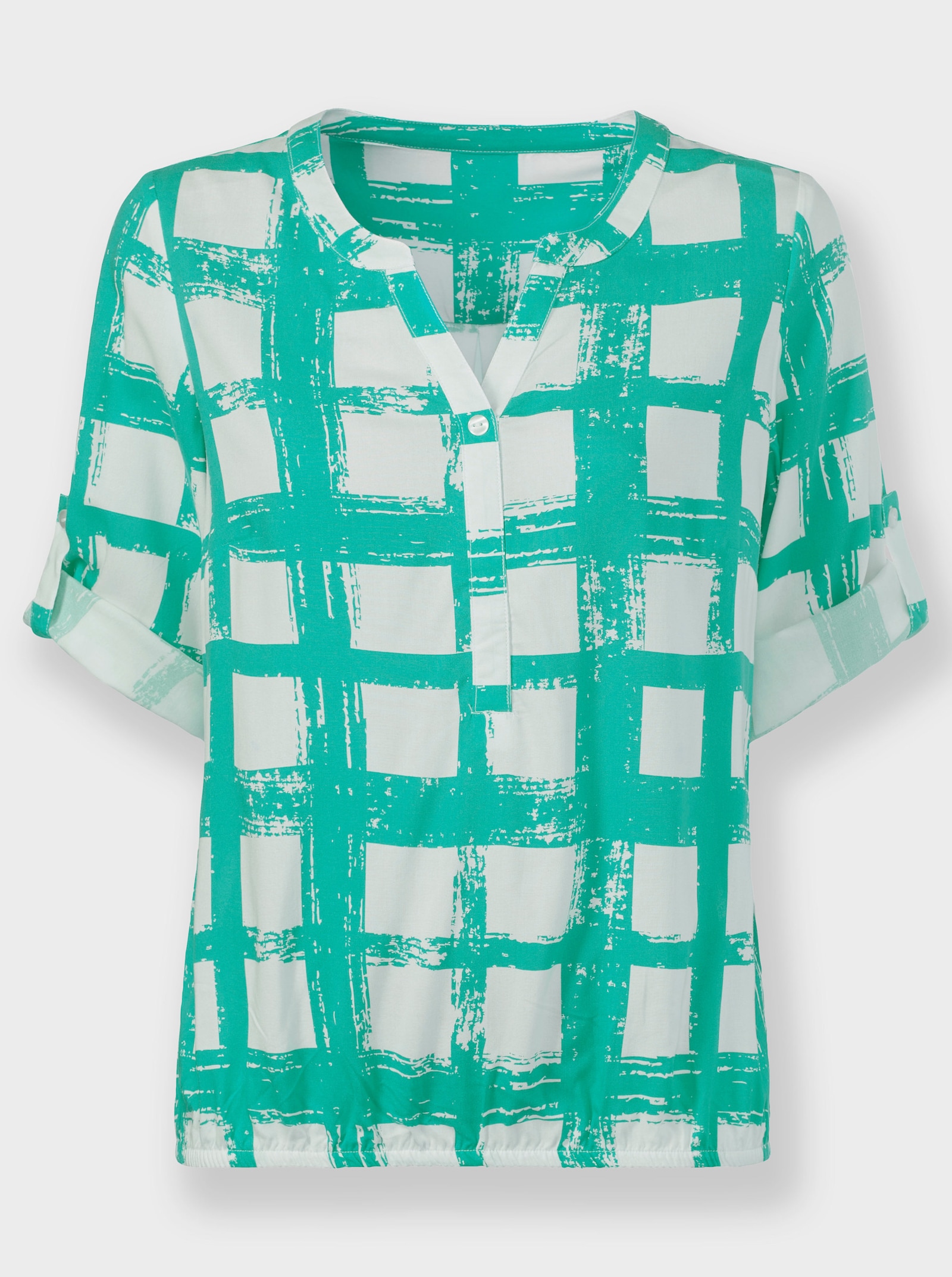 Schlupfbluse mit Krempelärmeln - blaugrün-weiss-bedruckt