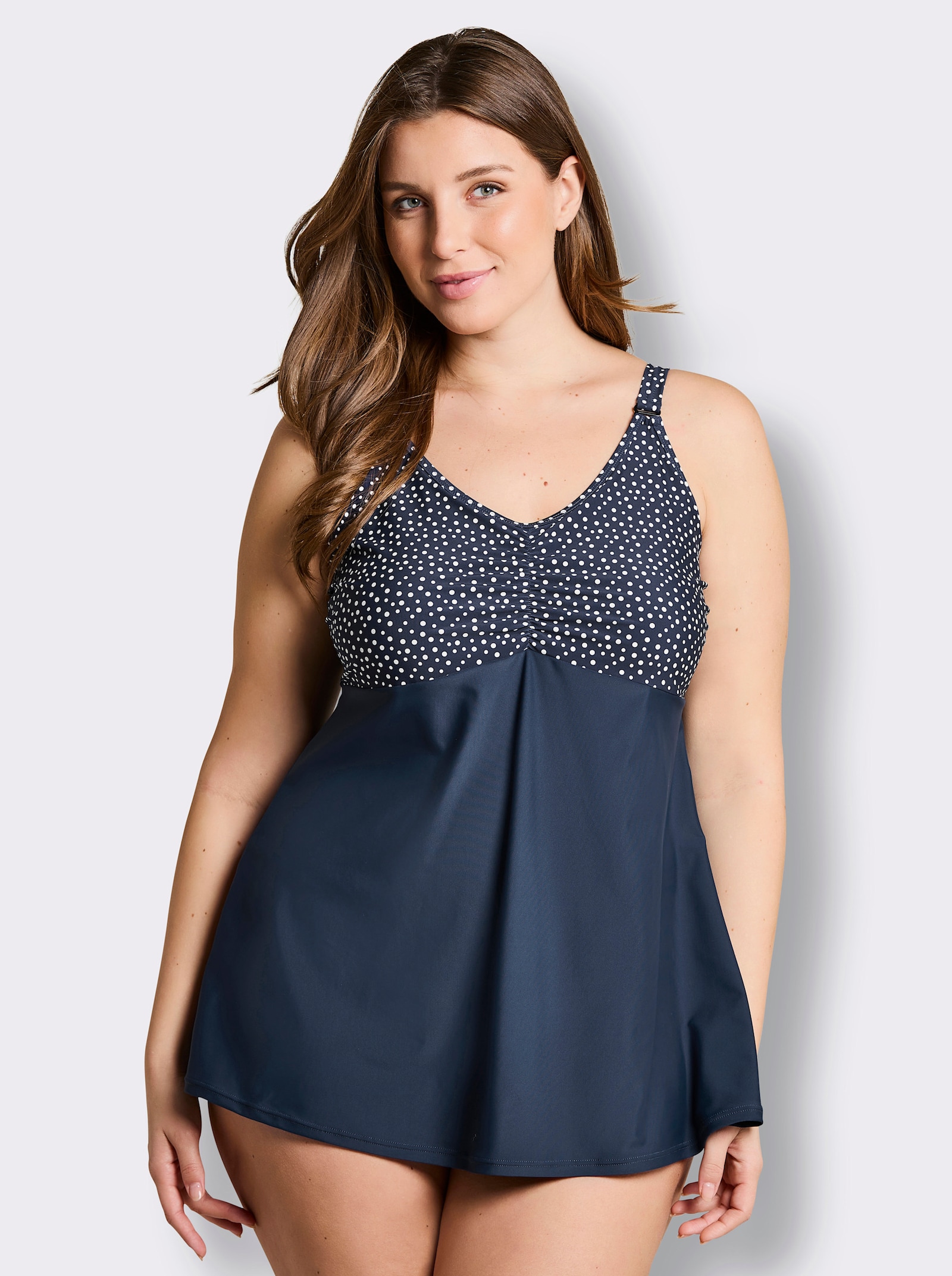 Badeanzug in Kleidchen-Form mit Raffung - dunkelblau-weiß-bedruckt