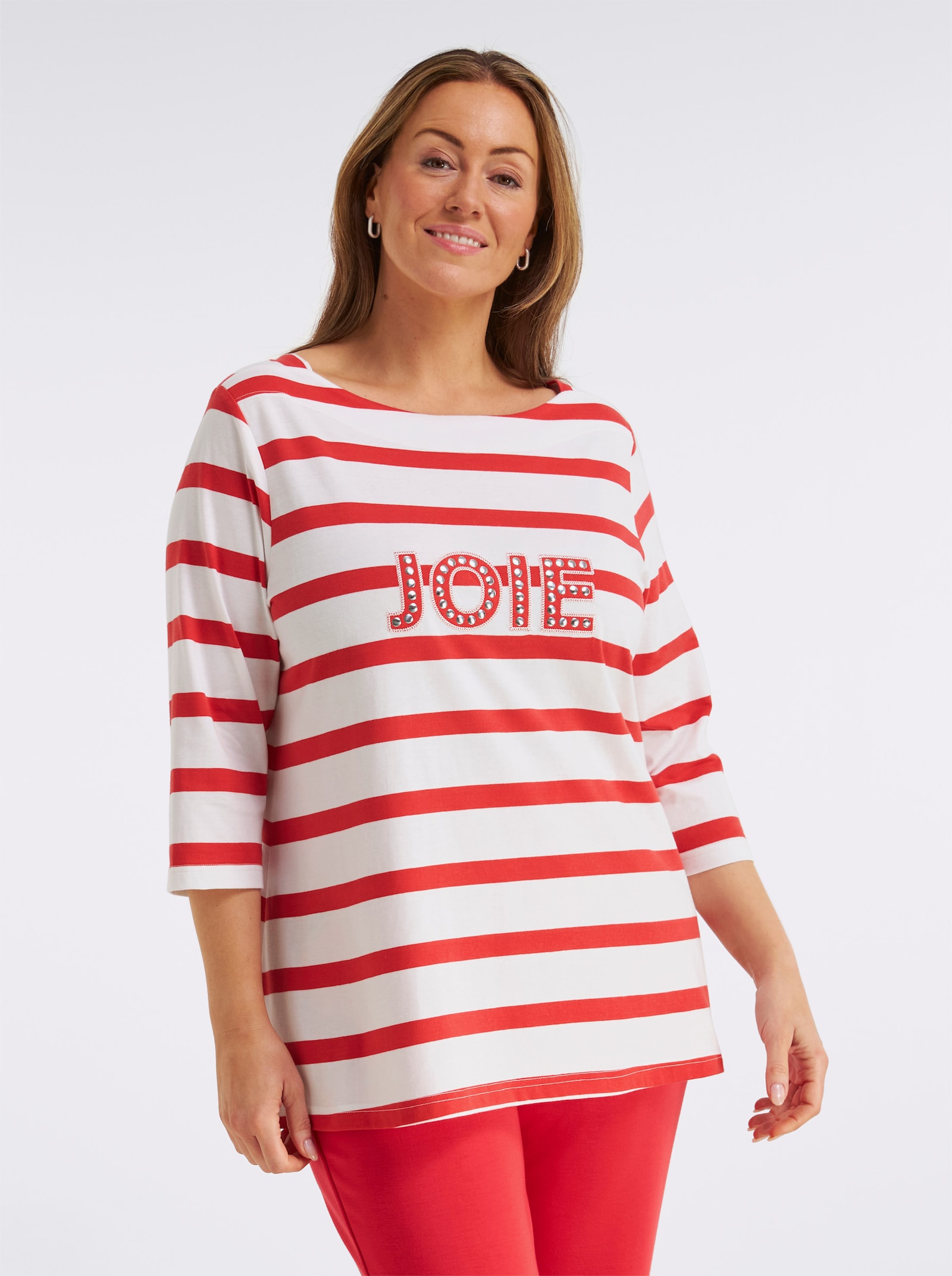 sheego 3/4-Arm-Shirt mit Ringeln und Front-Patches - weiß-erdbeere-geringelt