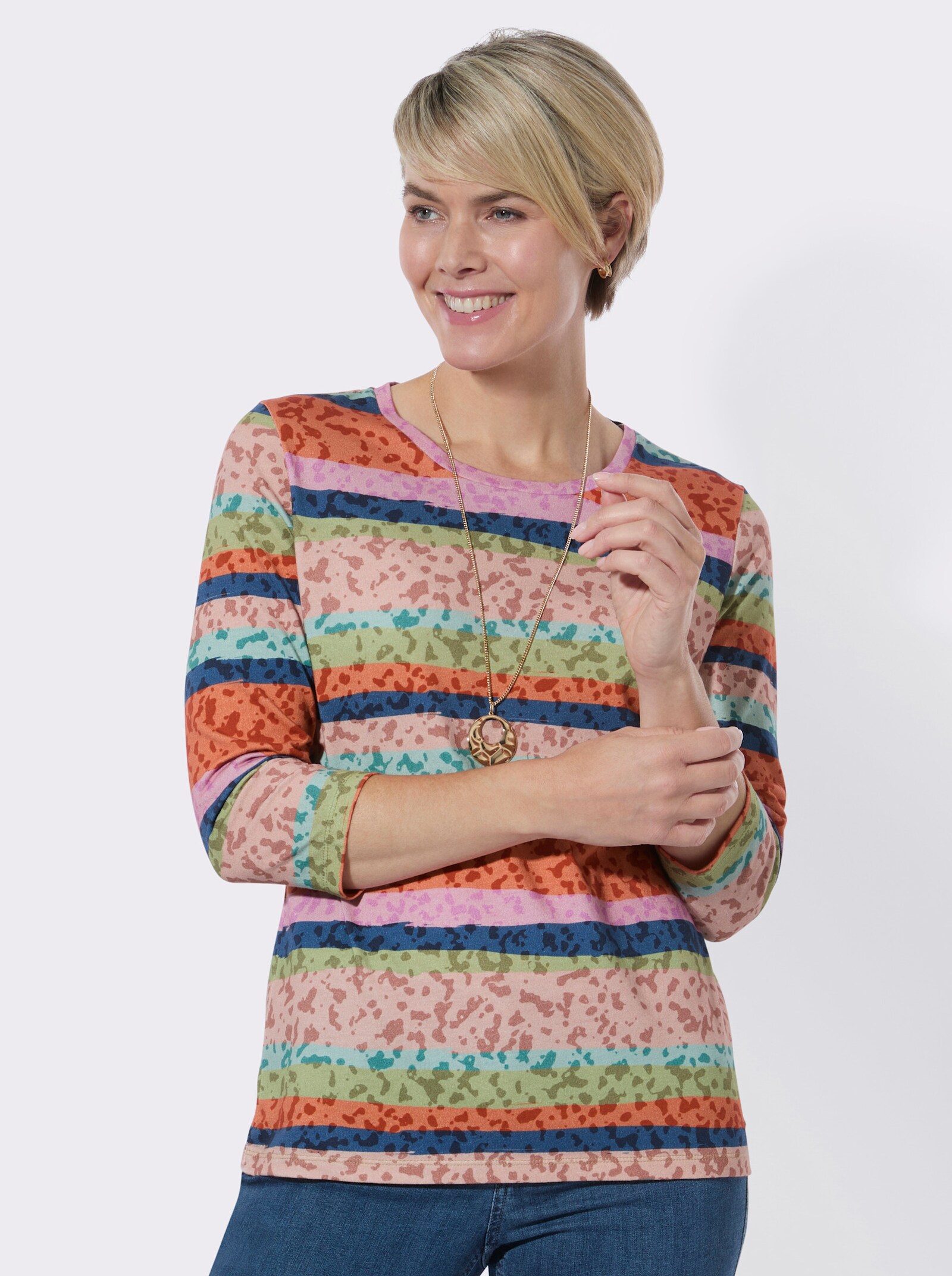 Ringelshirt mit 3/4-Ärmeln - papaya-puder-geringelt