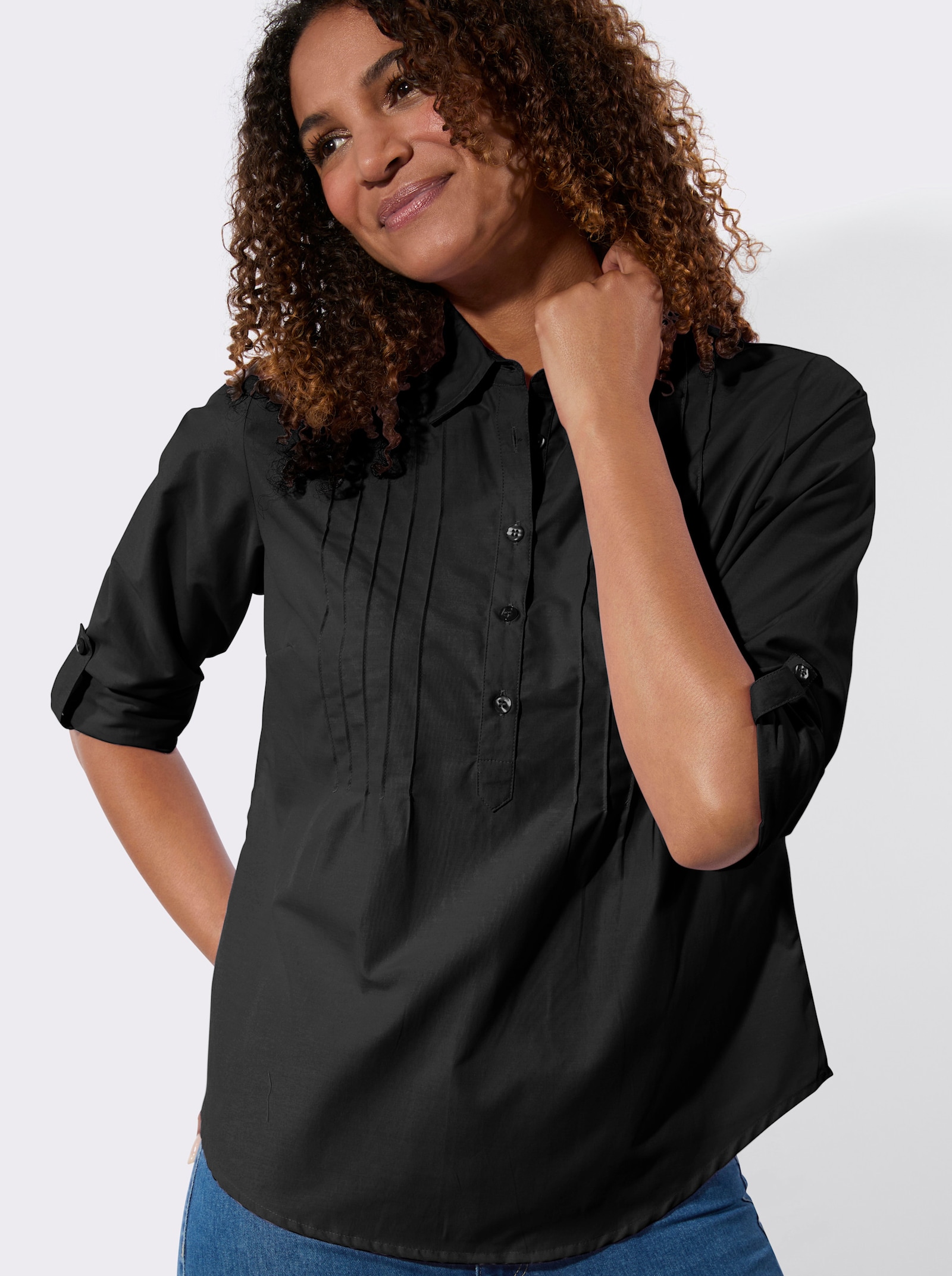 Hemdbluse mit krempelbaren Ärmeln - schwarz