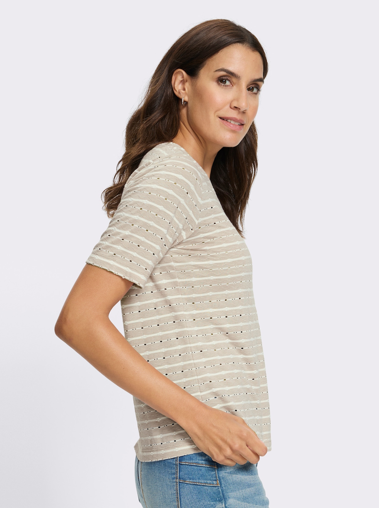 V-Shirt - ecru-sand-gemustert
