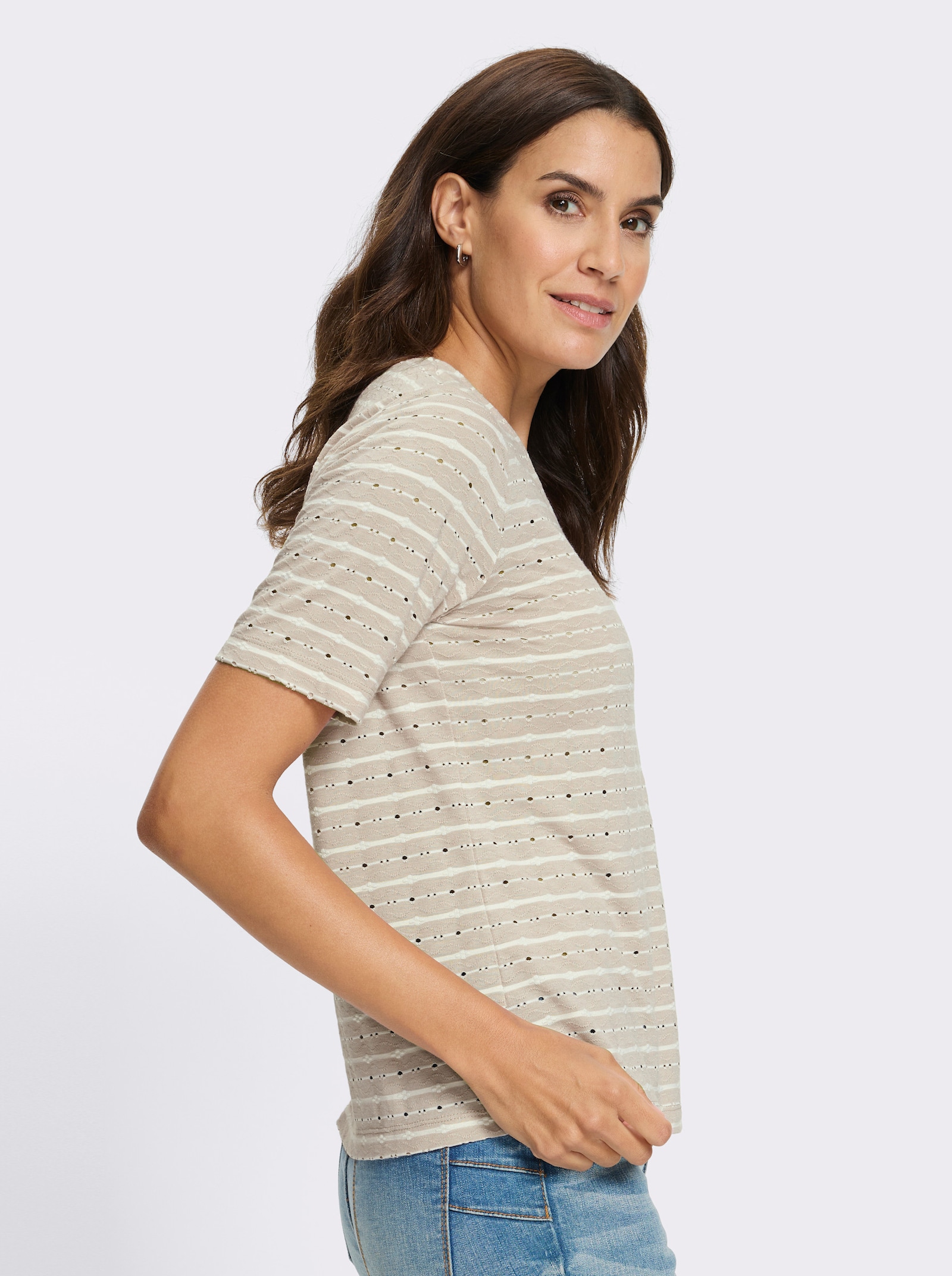 V-Shirt in Stretch-Qualität - ecru-sand-gemustert