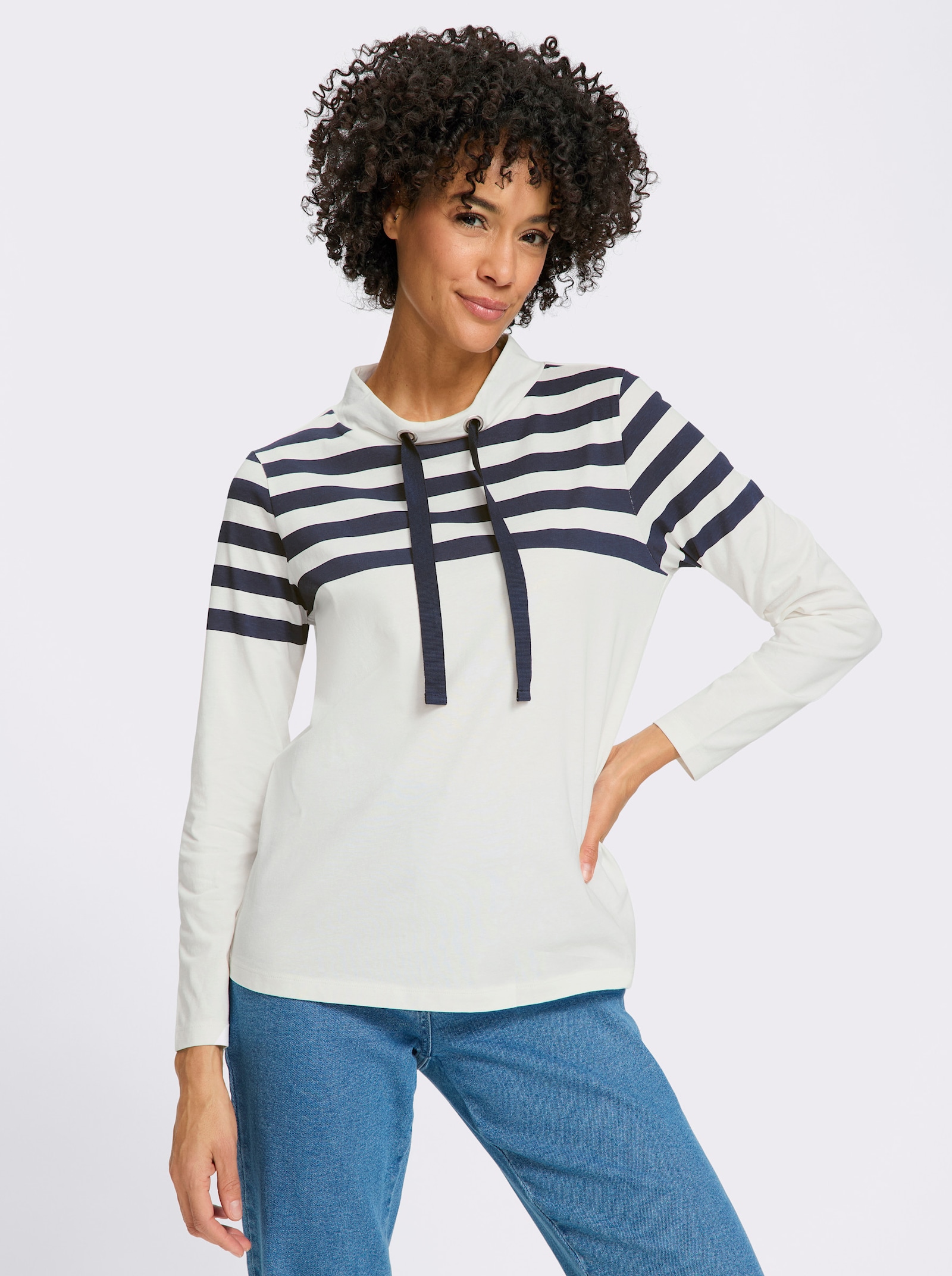 Stehkragenshirt mit Streifenmuster - ecru-marine-bedruckt