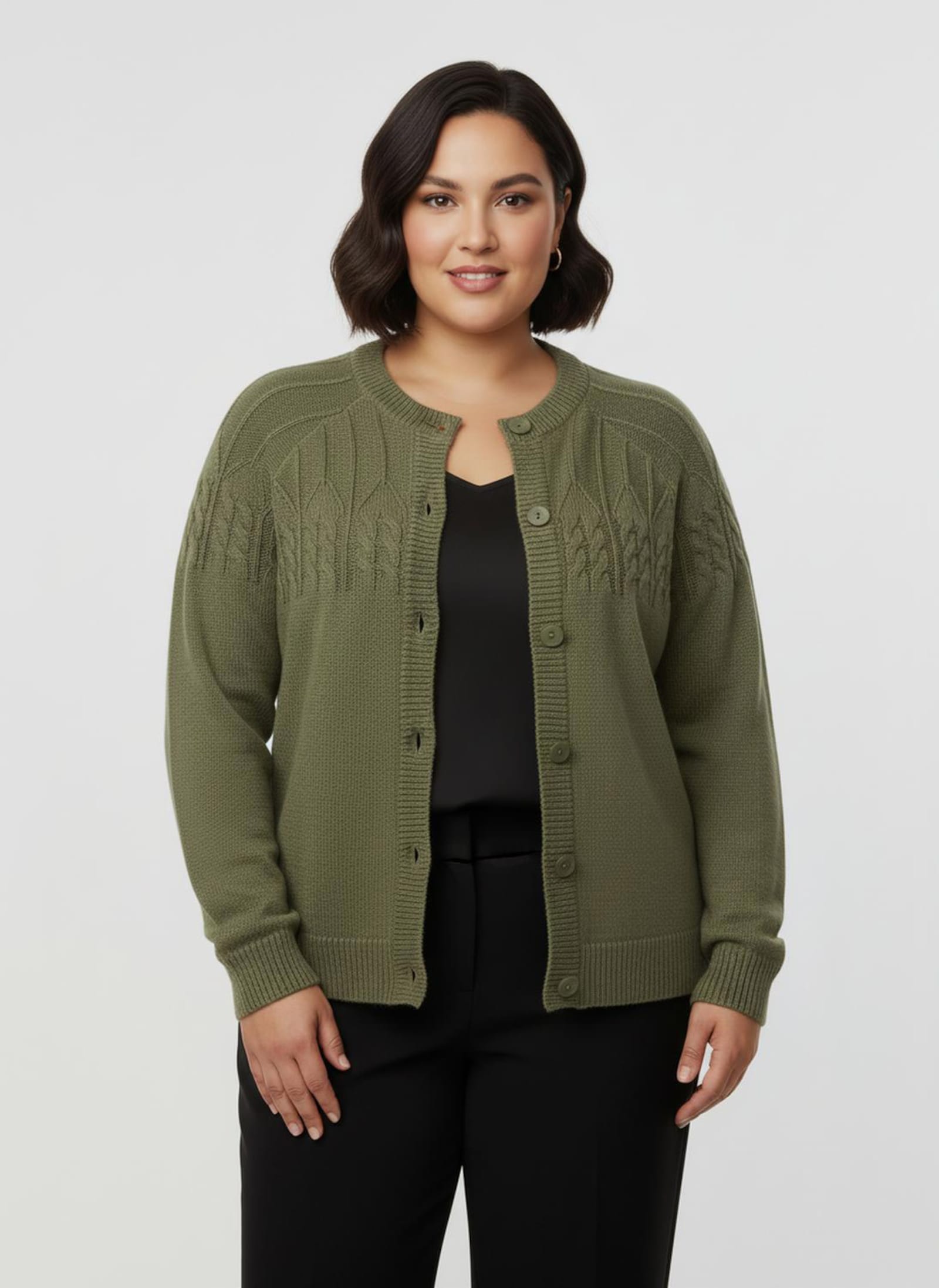 Strickjacke mit Raglan-Ärmeln - oliv-meliert