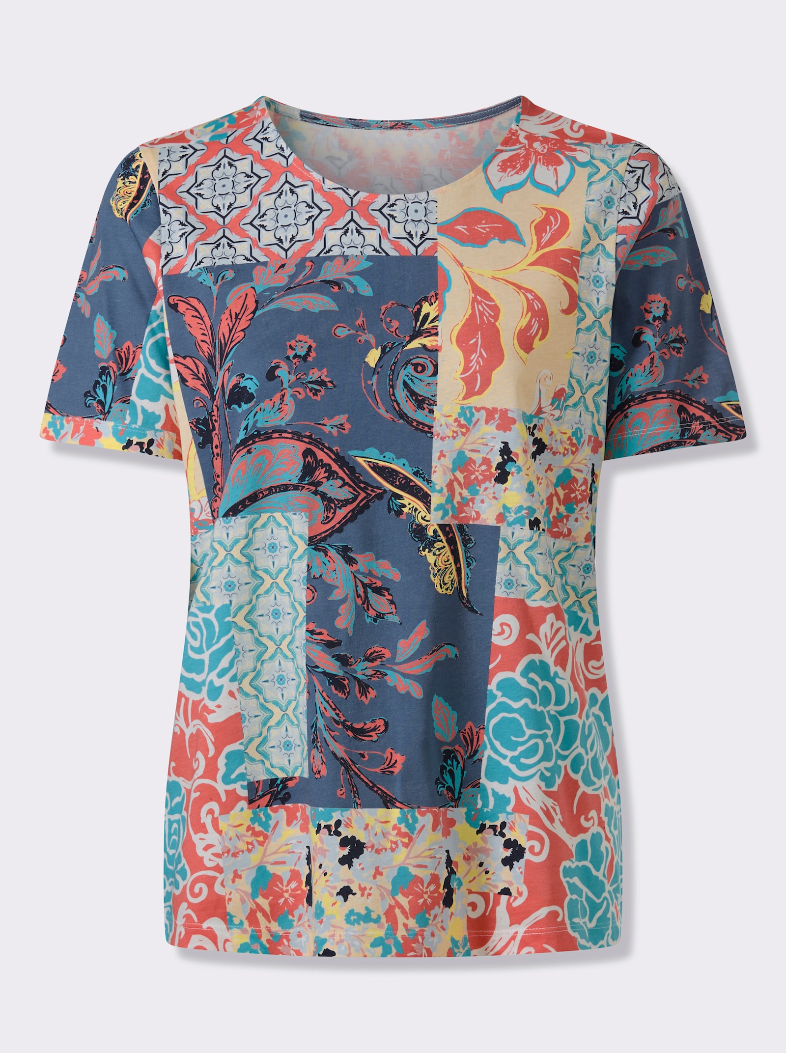 Kurzarmshirt im Patch-Dessin - grapefruit-jeansblau-bedruckt