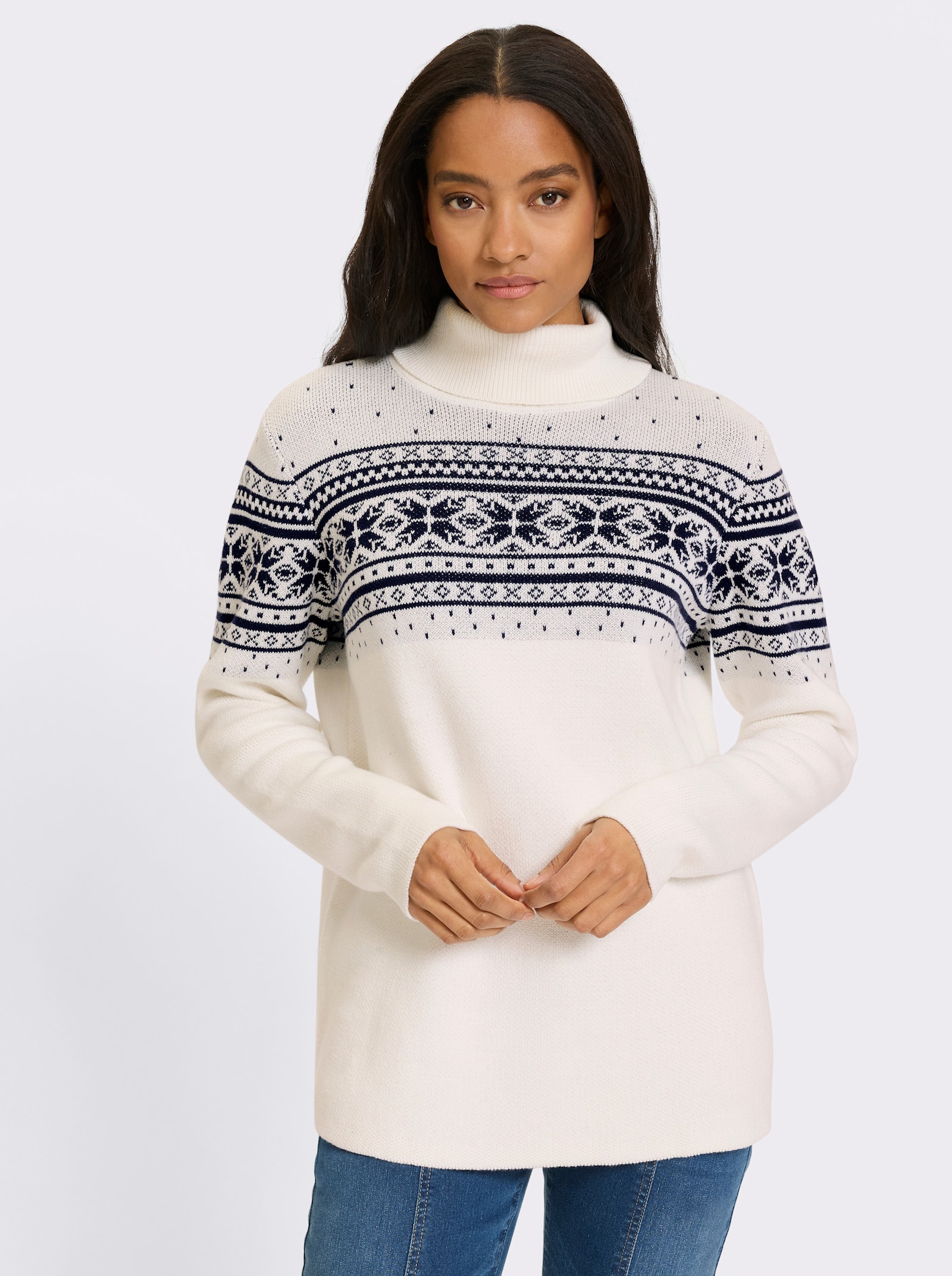 heine Jacquard-Pullover mit Norweger-Muster - ecru-marine-gemustert