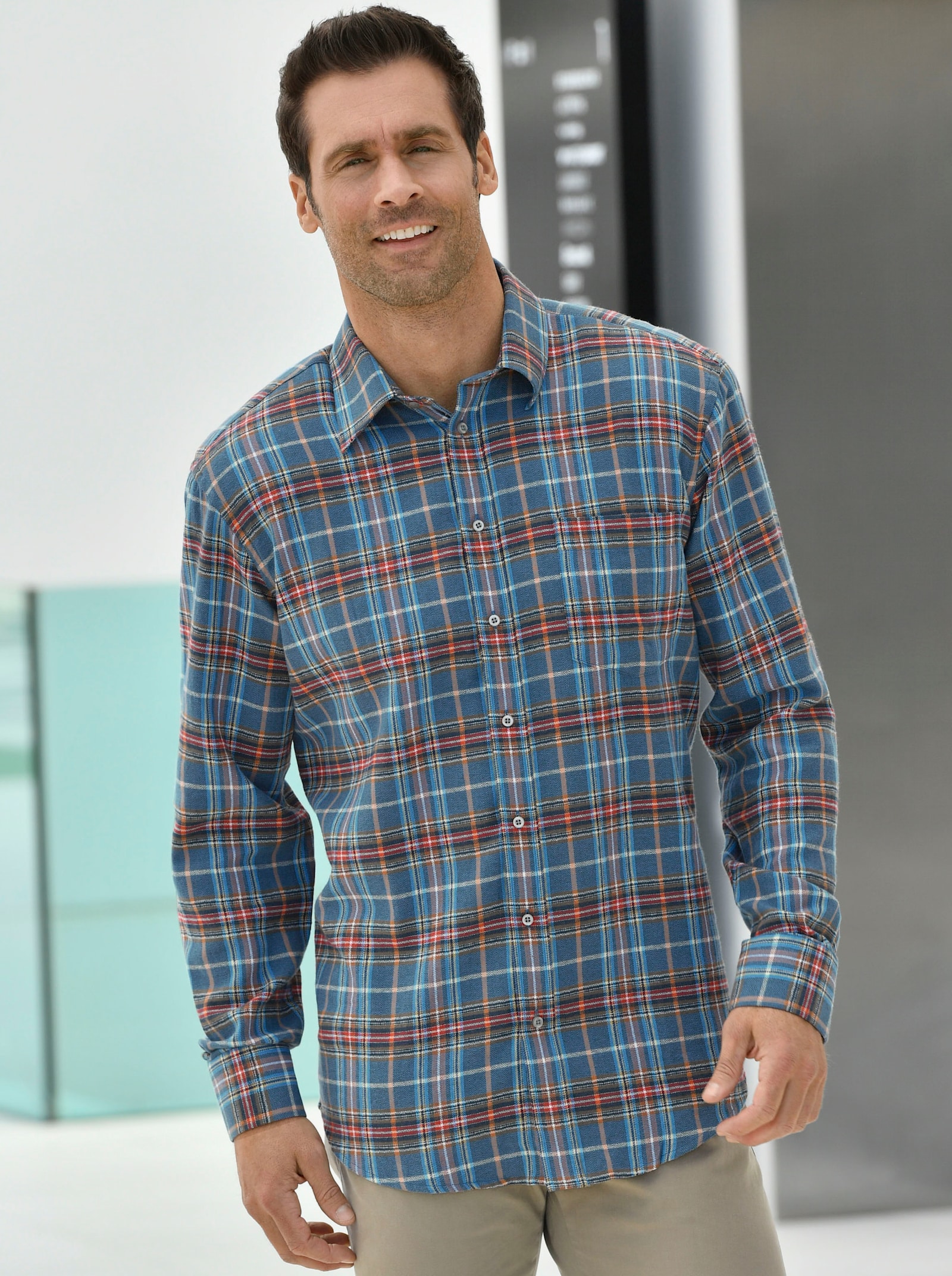 Langarm-Hemd - petrol-kariert