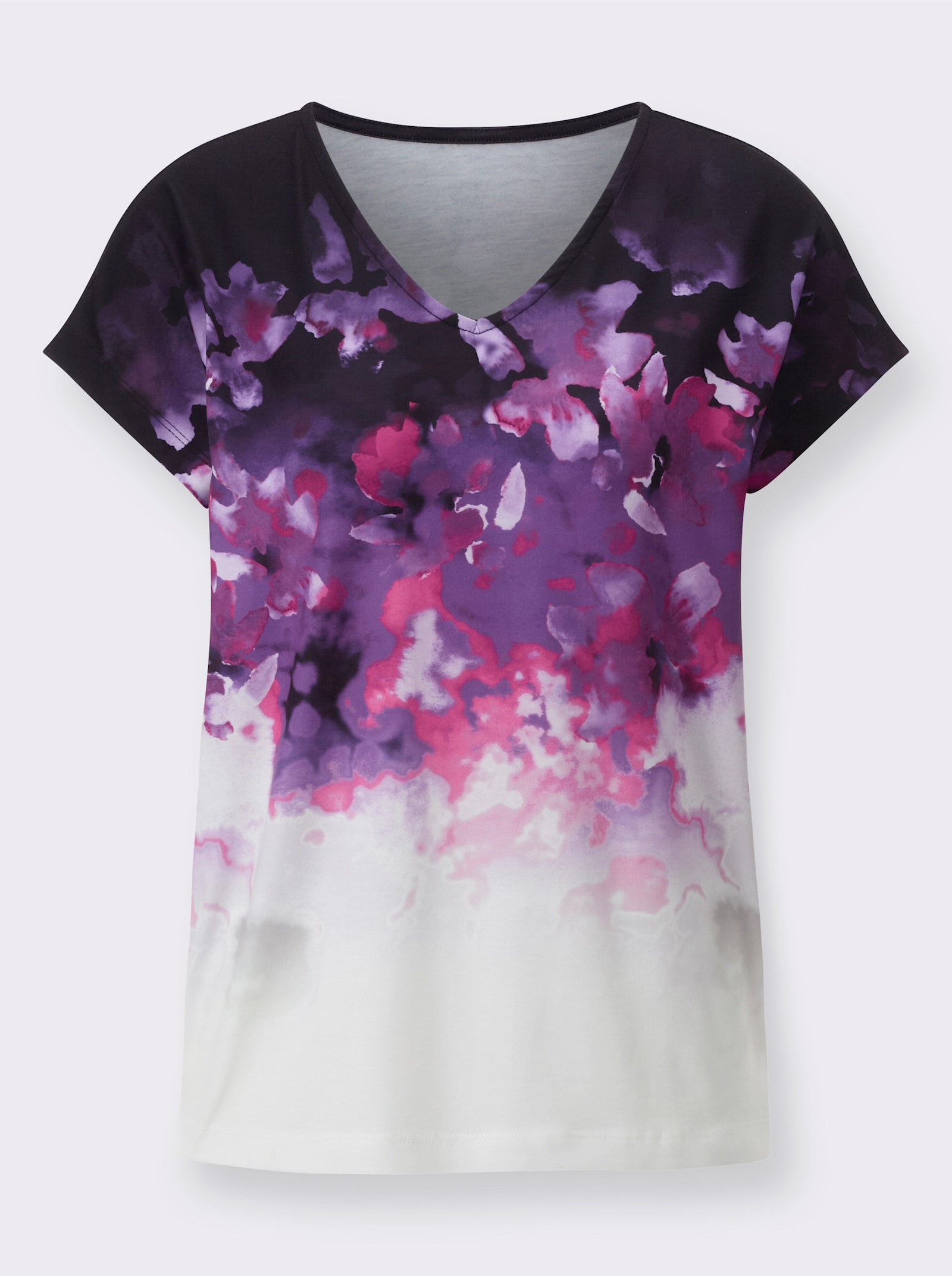 Blusenshirt mit überschnittenen Schultern - schwarz-flieder-bedruckt