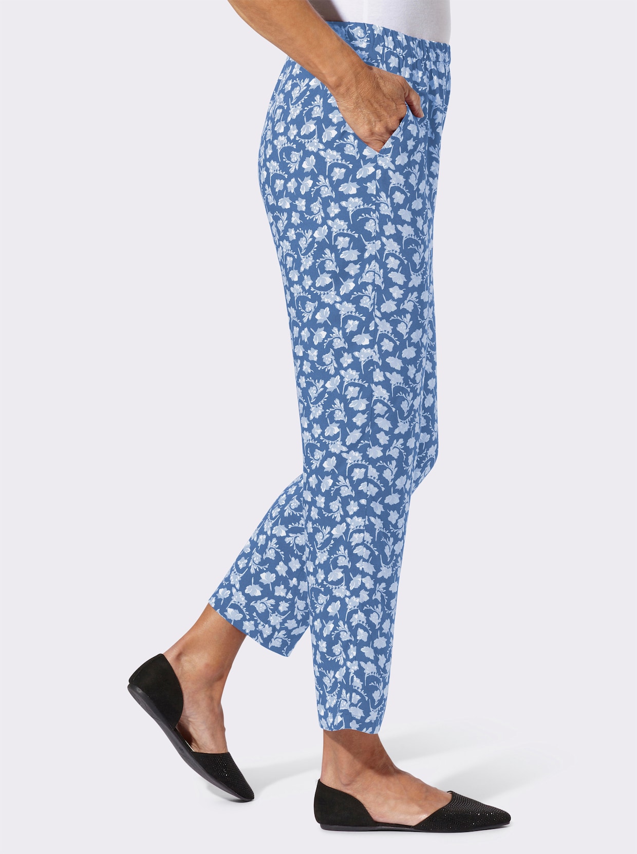 Schlupfhose - jeansblau-weiß-bedruckt