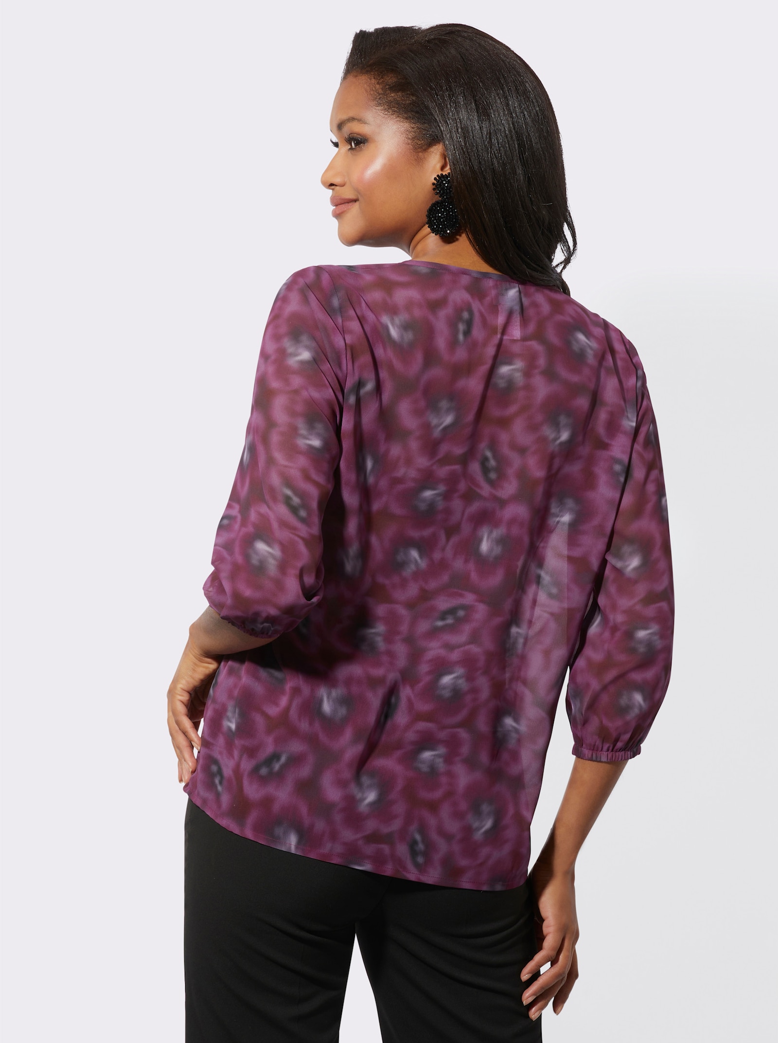 Blouse van transparant materiaal - bordeauxrood/lila bedrukt