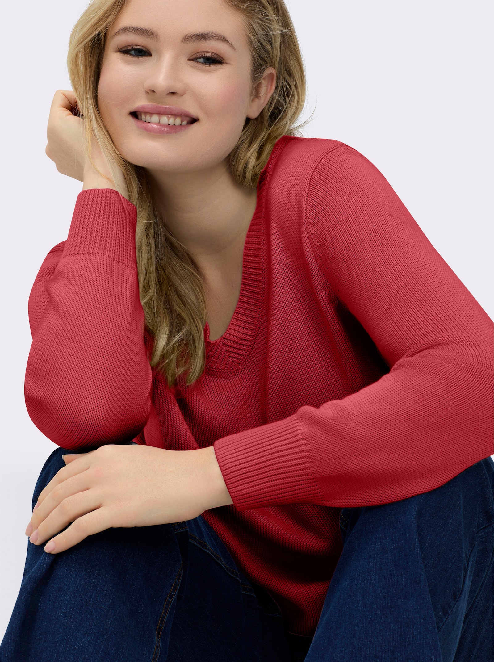 V-Ausschnitt-Pullover mit Baumwolle - korallenrot