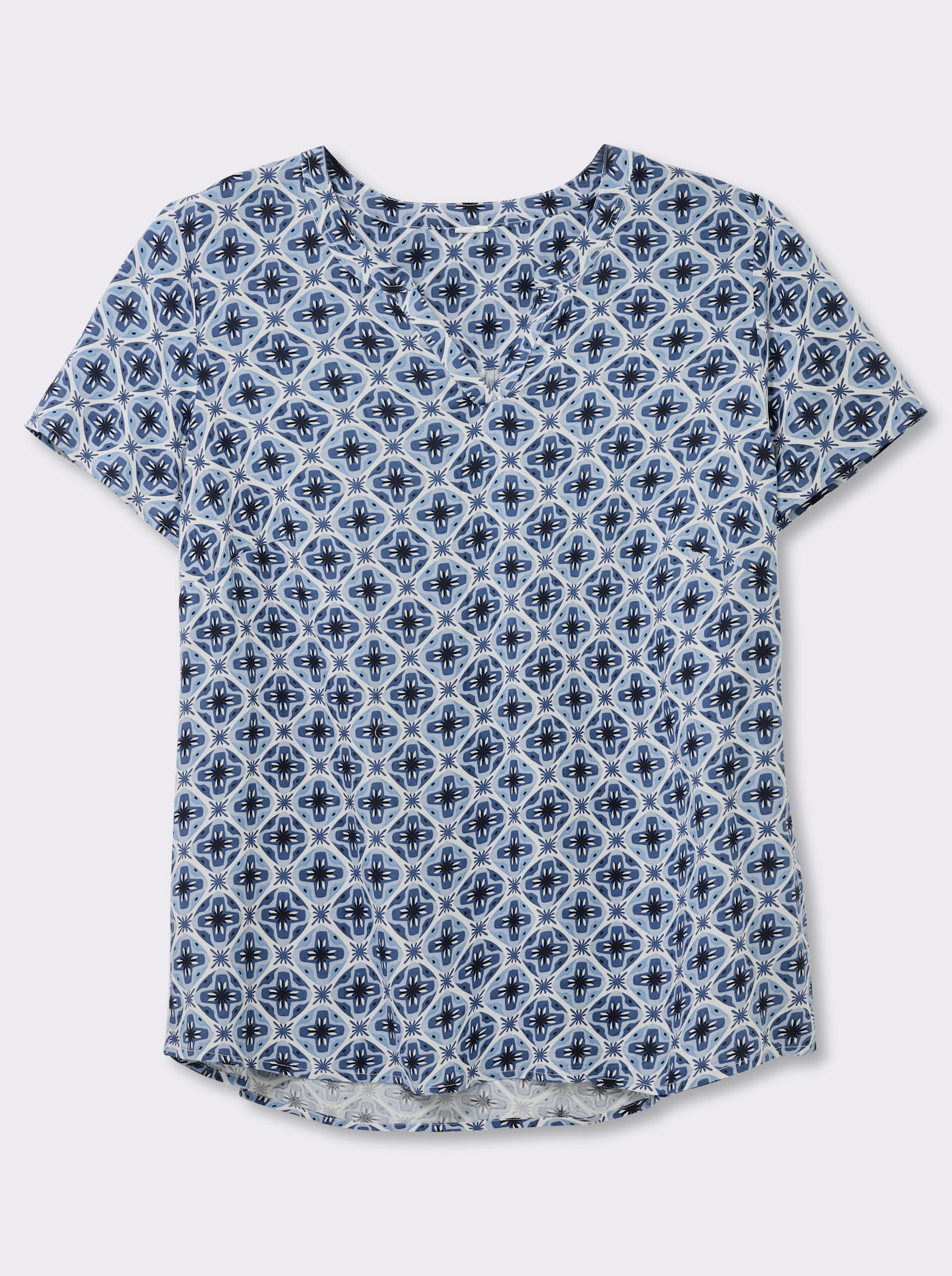 Druckbluse in Schlupfform - jeansblau-ecru-bedruckt