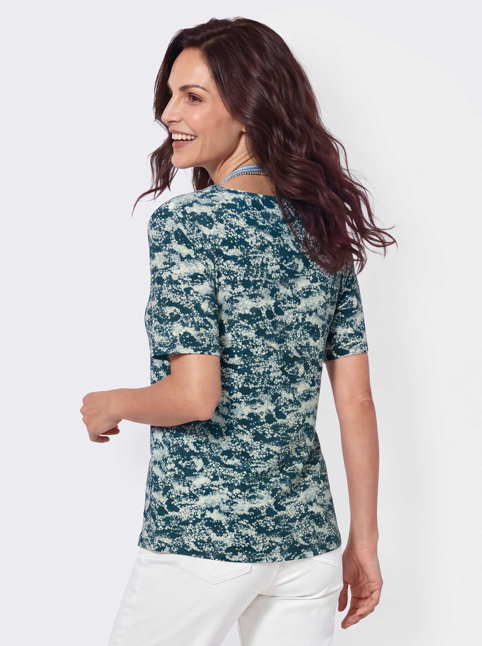 Kurzarmshirt mit Tropfen-Ausschnitt - kalkmint-aquapetrol-gemustert