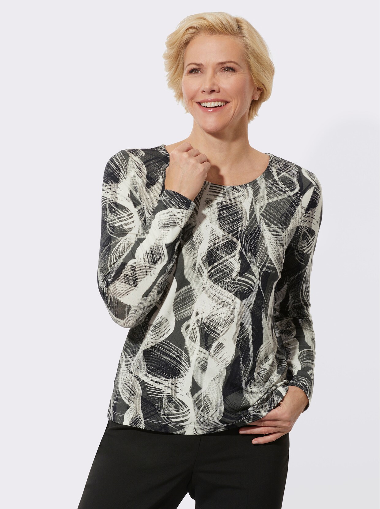 Rundhalsshirt - schwarz-ecru-bedruckt
