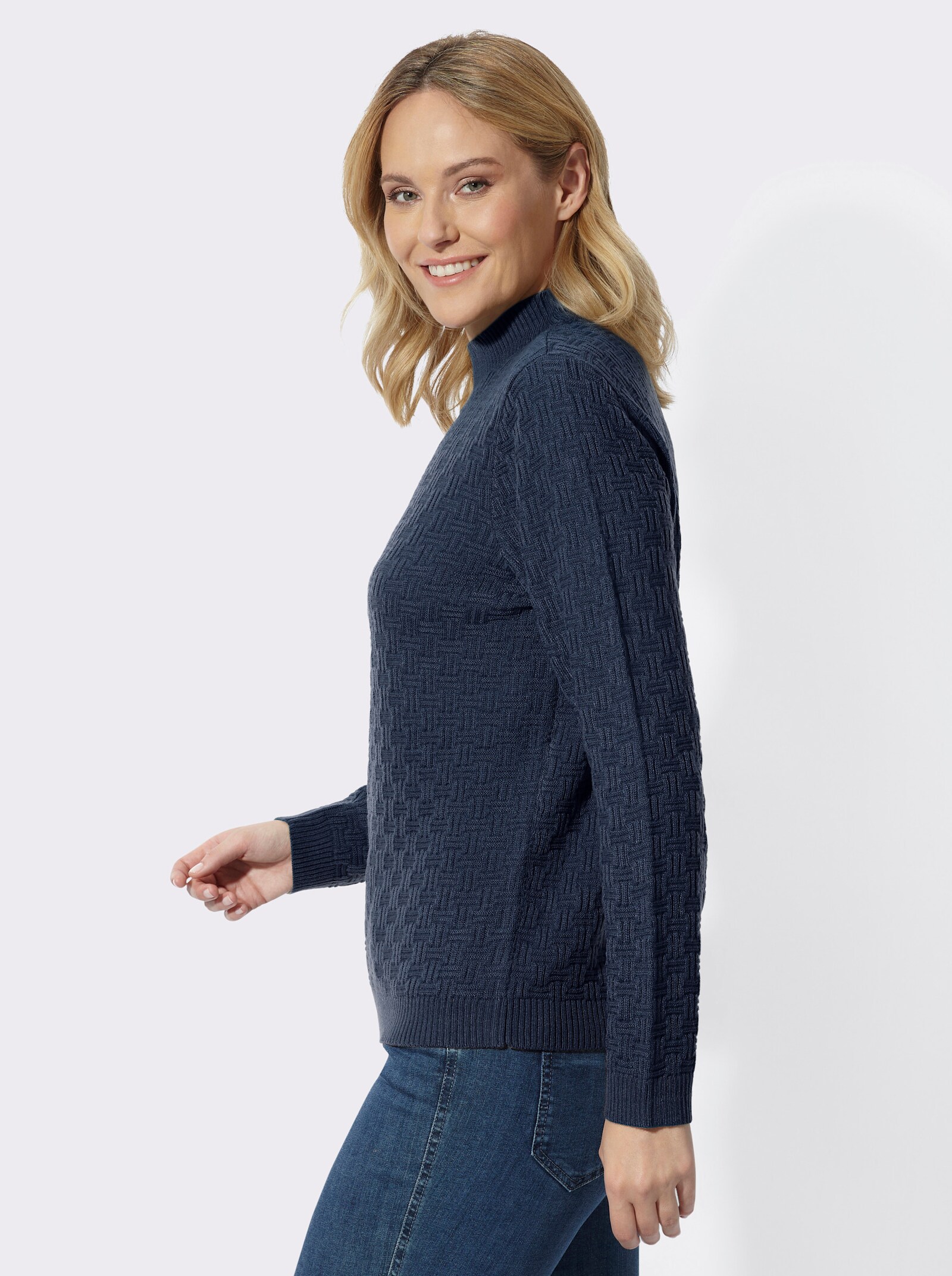 Stehkragenpullover mit Strickmuster - dunkelblau
