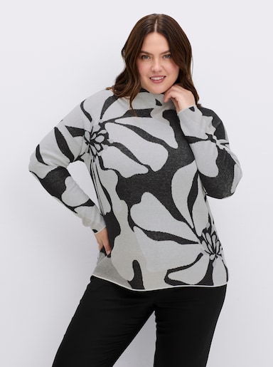 Jacquard-Pullover mit Glitzergarn, floral - schwarz-ecru-gemustert