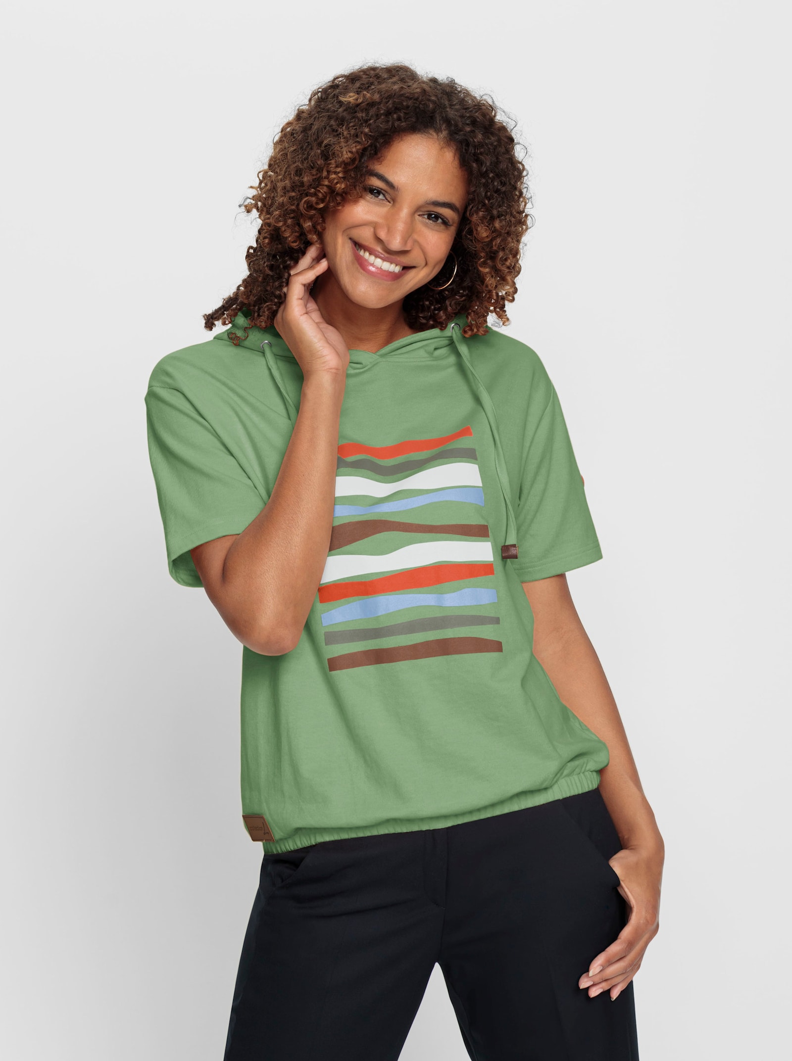 Kapuzensweatshirt mit elastischem Saum - eucalyptus-ecru-bedruckt