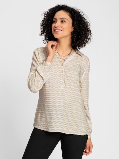 Langarm-Bluse mit offenem Hemdkragen - sand-ecru-bedruckt