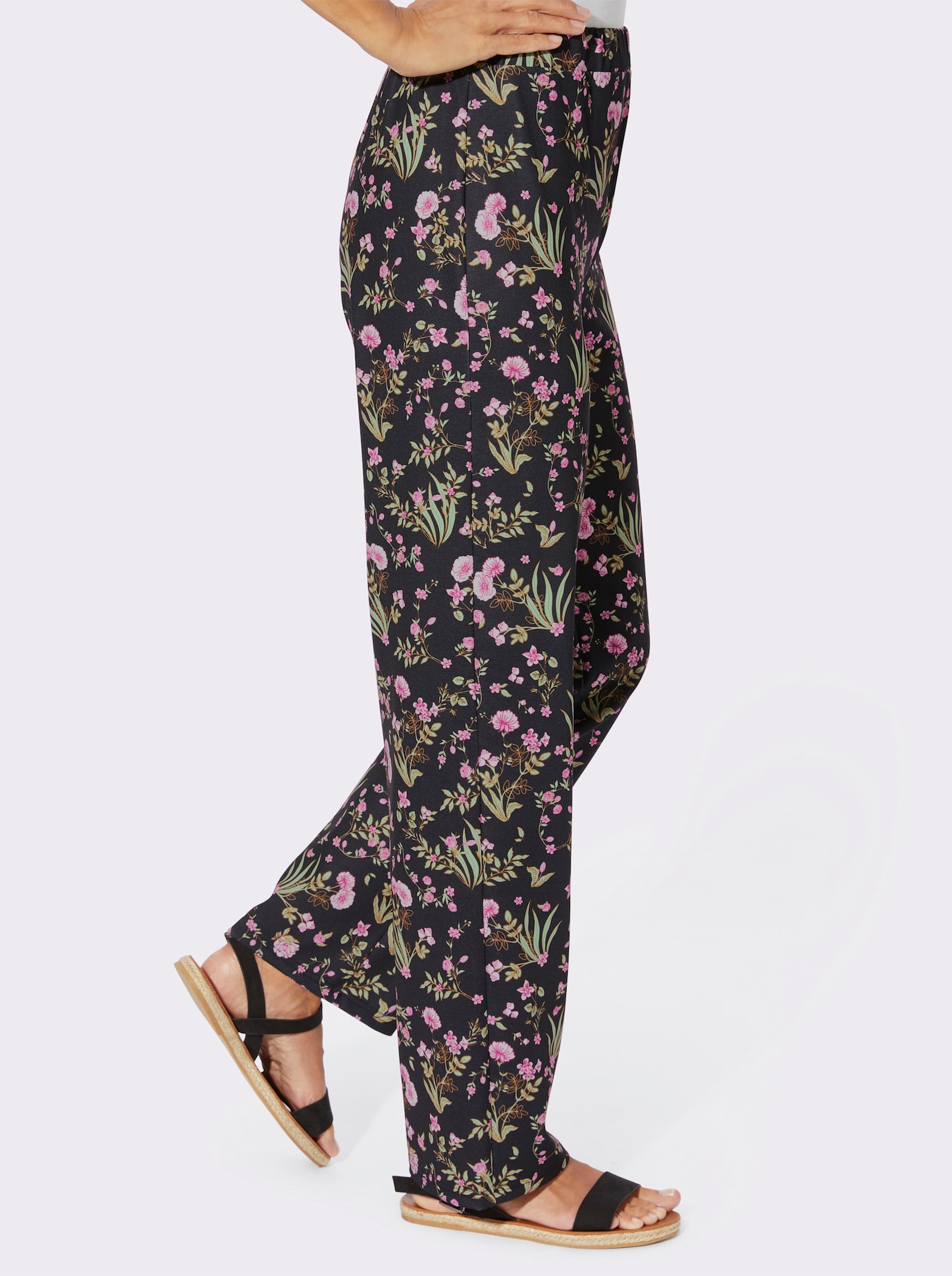 Jerseyhose mit Dehnbund - schwarz-rosé-bedruckt