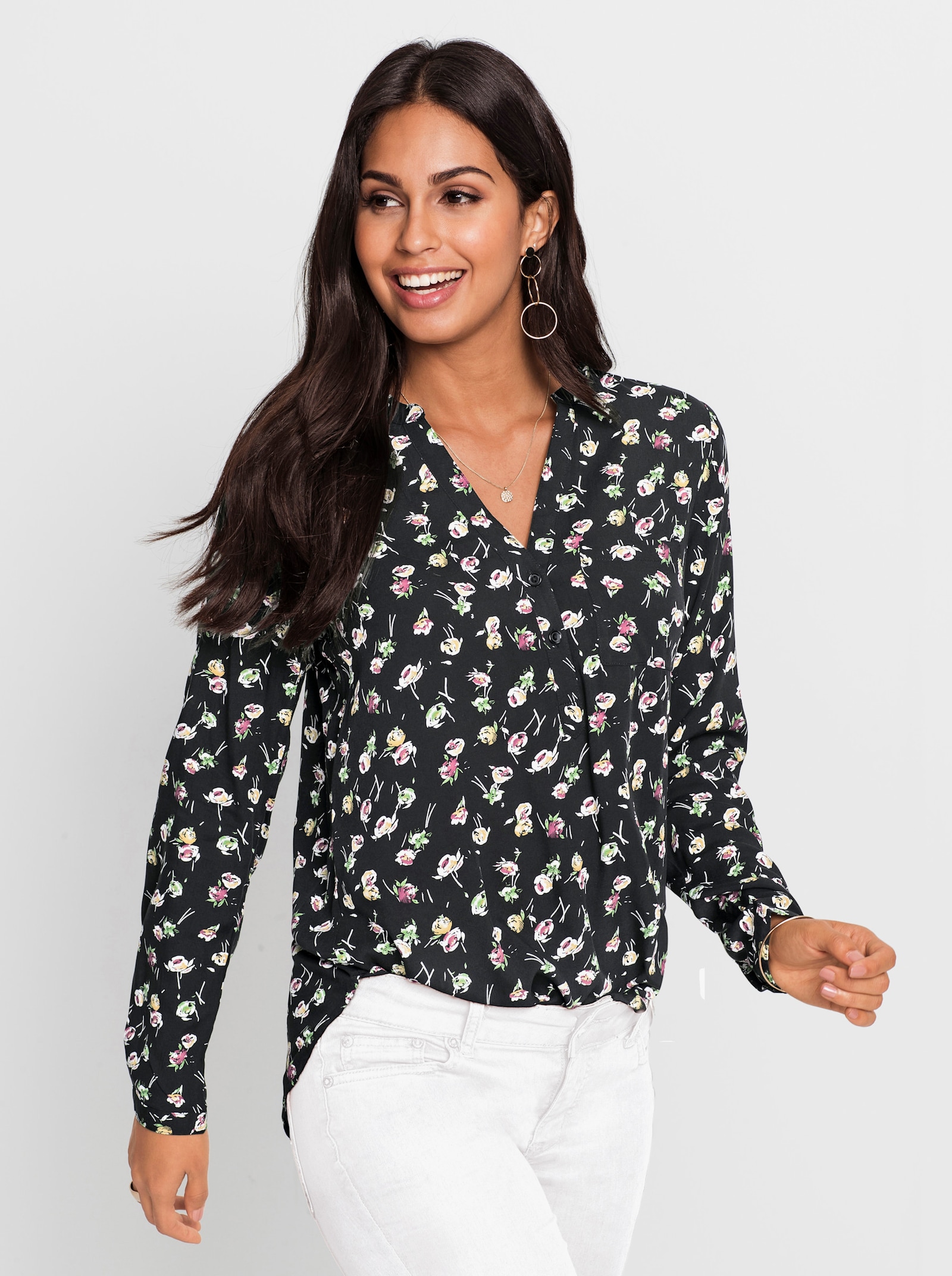 Schlupfbluse im Blütenmuster - schwarz-weiß-bedruckt