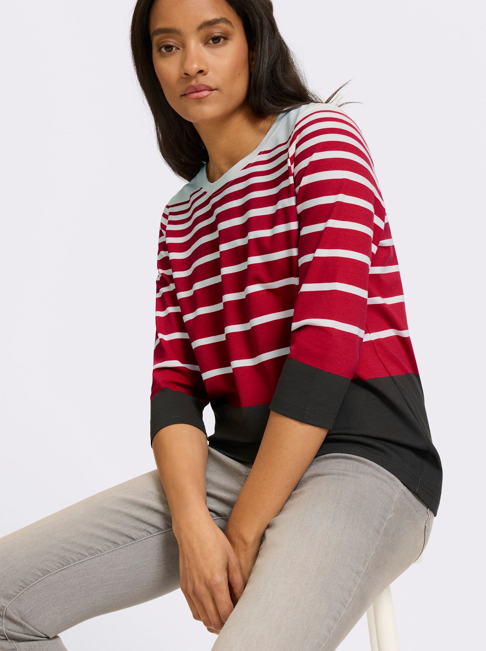 heine 3/4-Arm-Shirt mit Ringelmuster - schwarz-rot-bedruckt