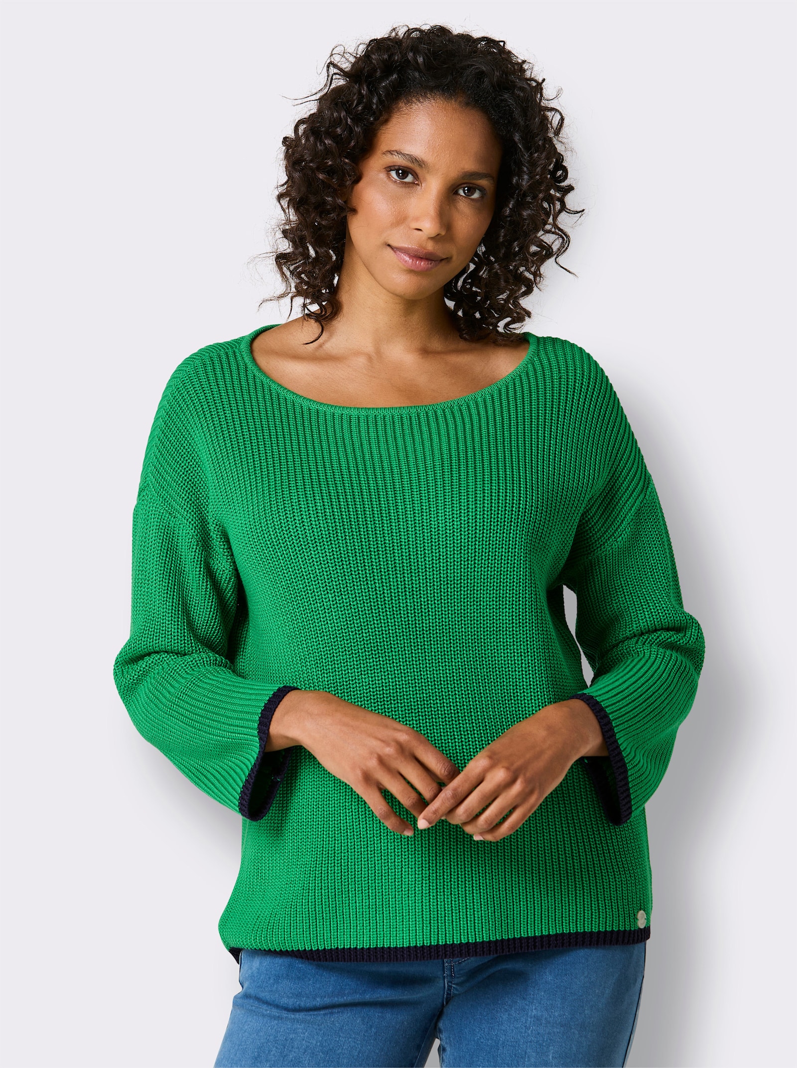 CREATION L PREMIUM 3/4 Arm-Pullover mit Kontrastkanten - grasgrün
