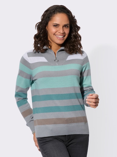 Langarm-Pullover mit 50% Wolle - steingrau-jade-gestreift