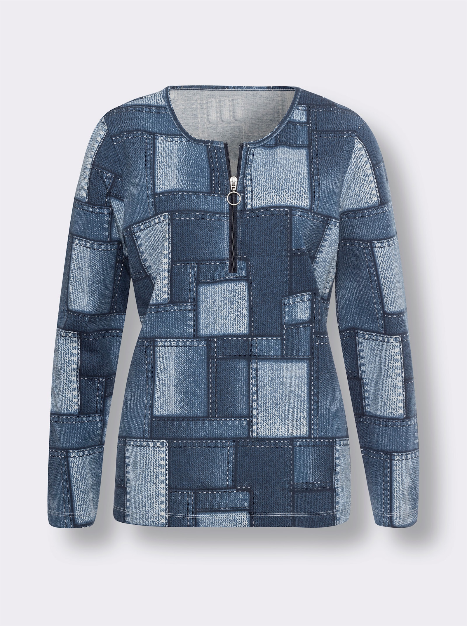 Langarmshirt mit Reißverschluss - eisblau-jeansblau-bedruckt