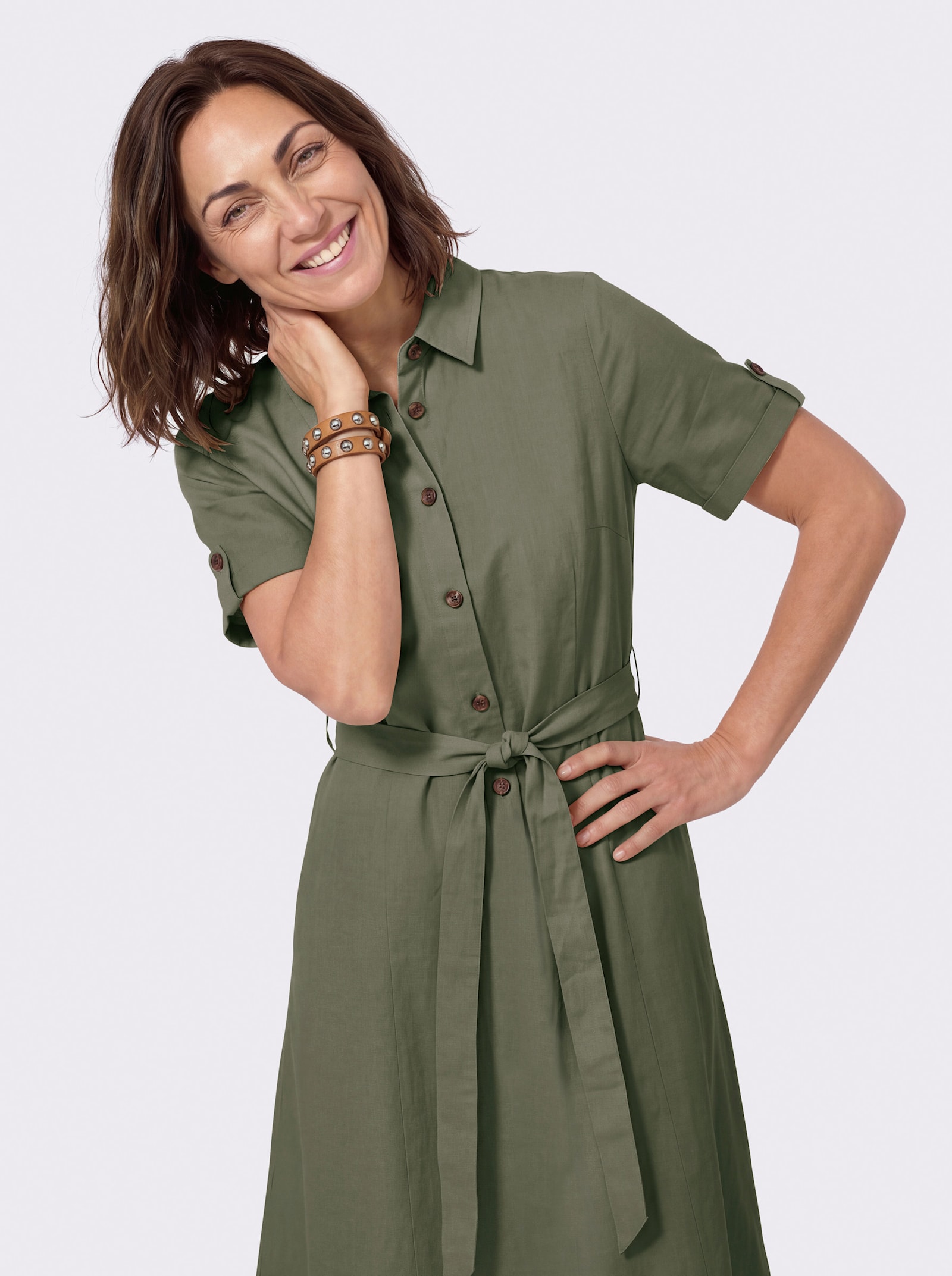 Hemdblusenkleid mit Bindegürtel - khaki