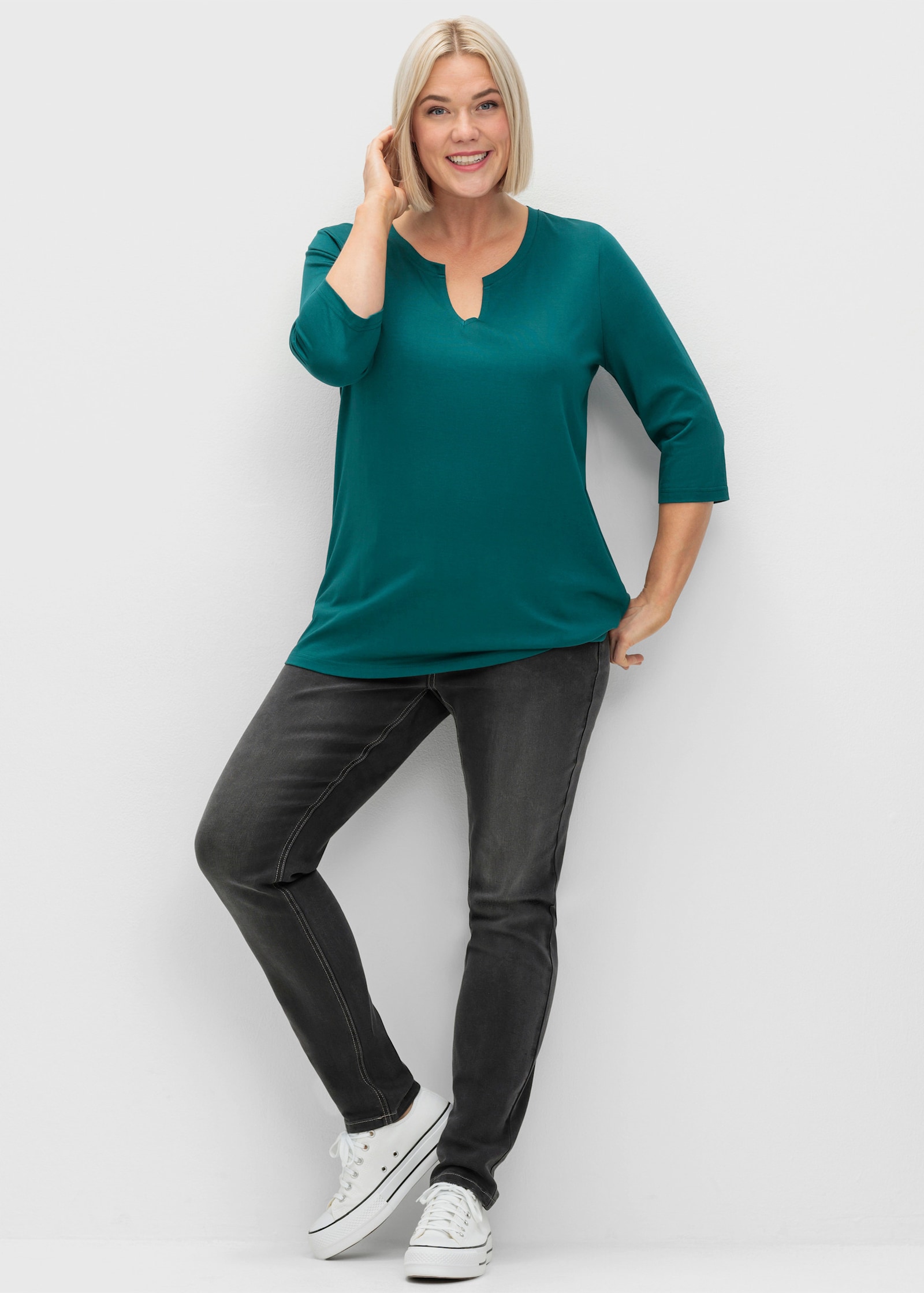 sheego 3/4-Arm-Shirt mit geschlitztem Ausschnitt - petrol