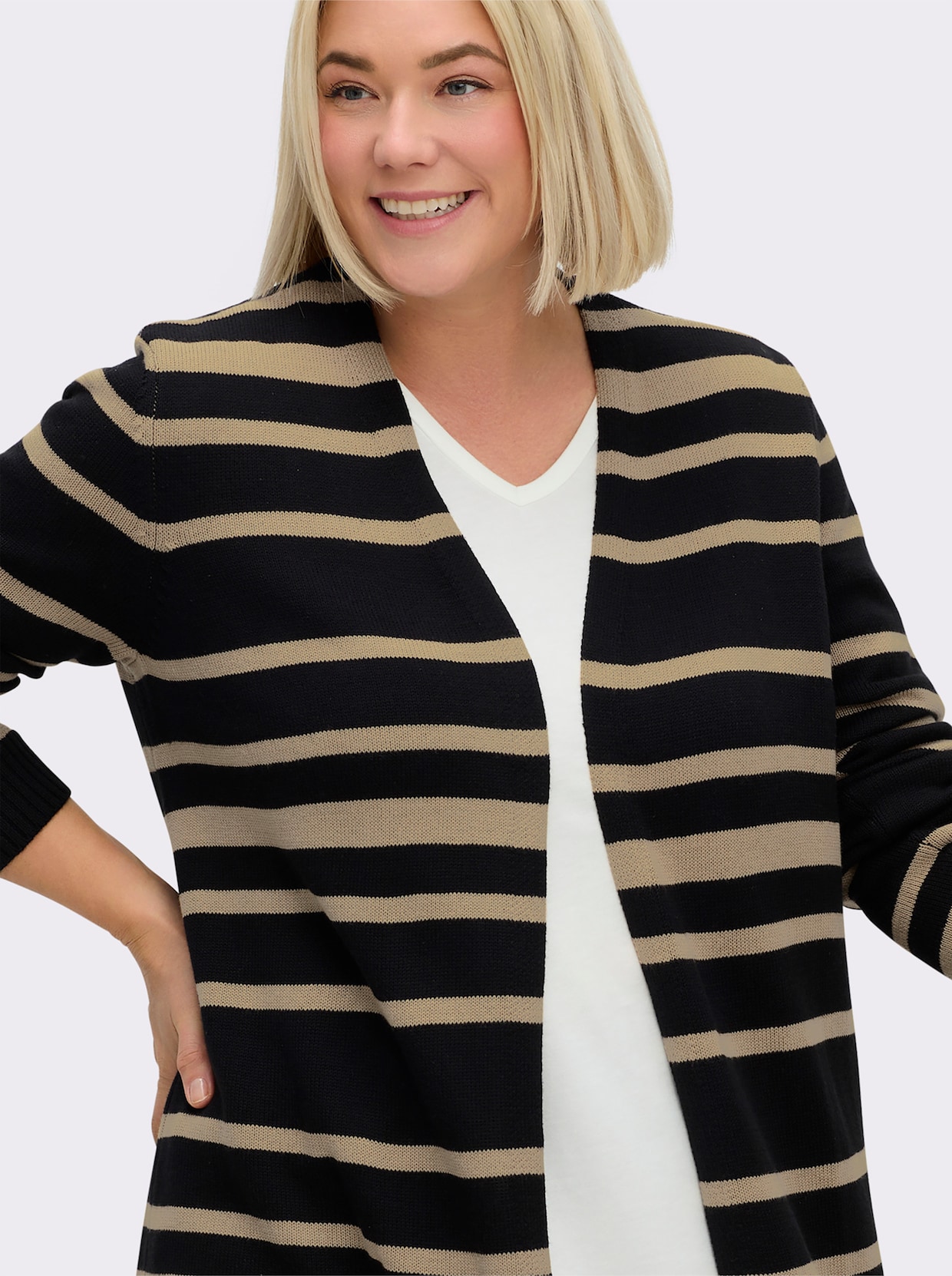 sheego Veste longue en tricot - noir-beige à rayures