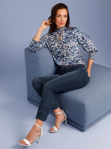 CREATION L PREMIUM Bluse mit Stehkragen mit gesmokten Abschlüssen - ecru-marine-bedruckt
