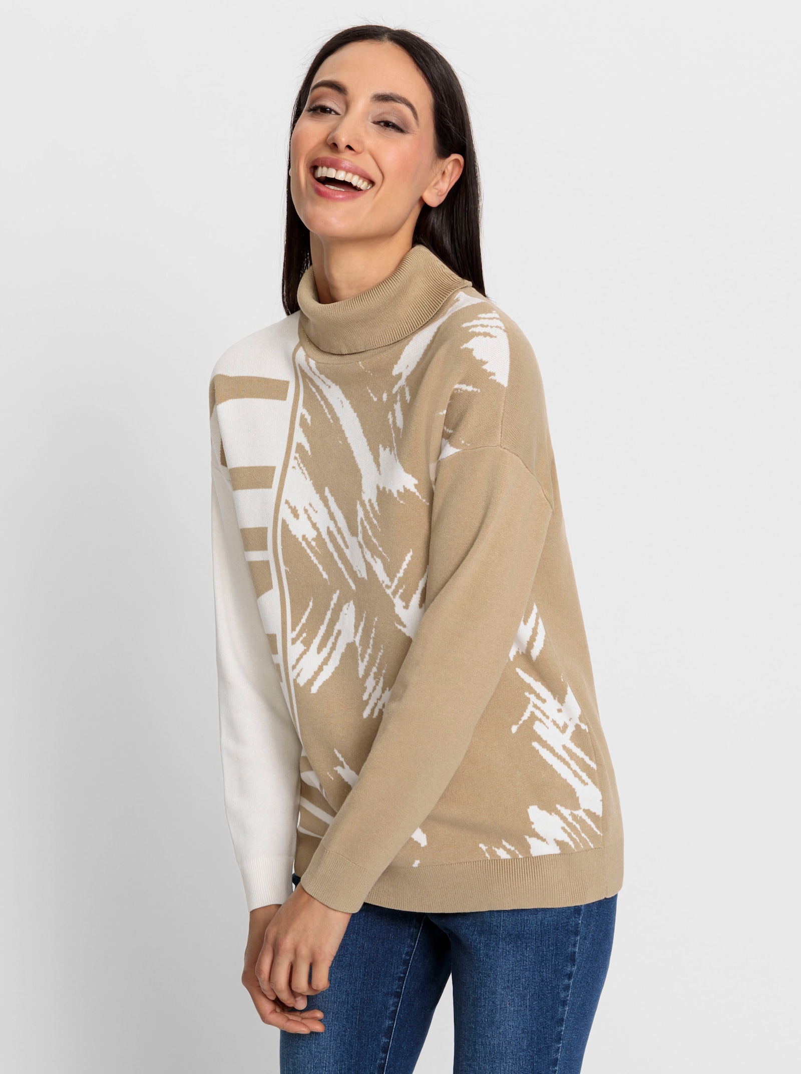heine Pullover van jacquard met rolkraag - beige/ecru gedessineerd