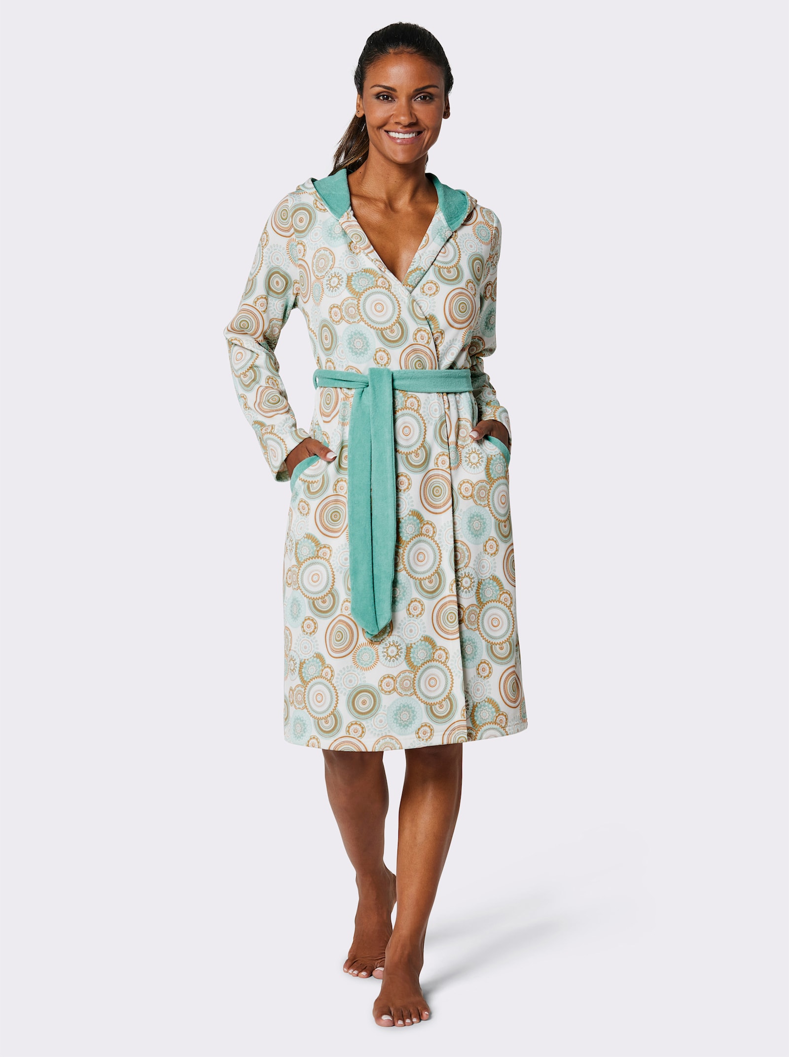 feel good Bademantel - ecru-salbei-bedruckt