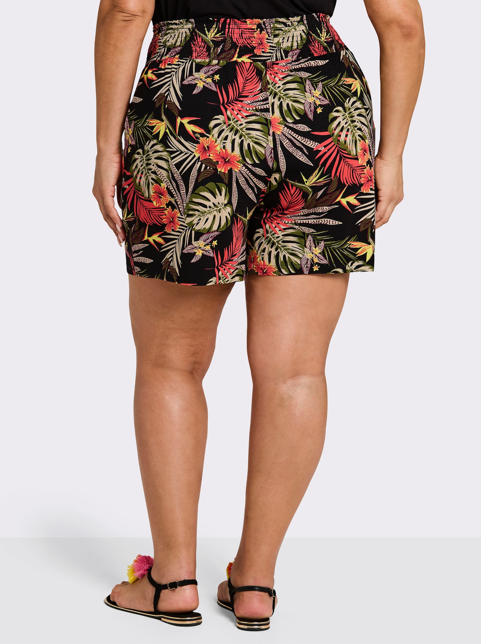sheego Jerseybroek in kort, wijd model - zwart/bordeaux bedrukt