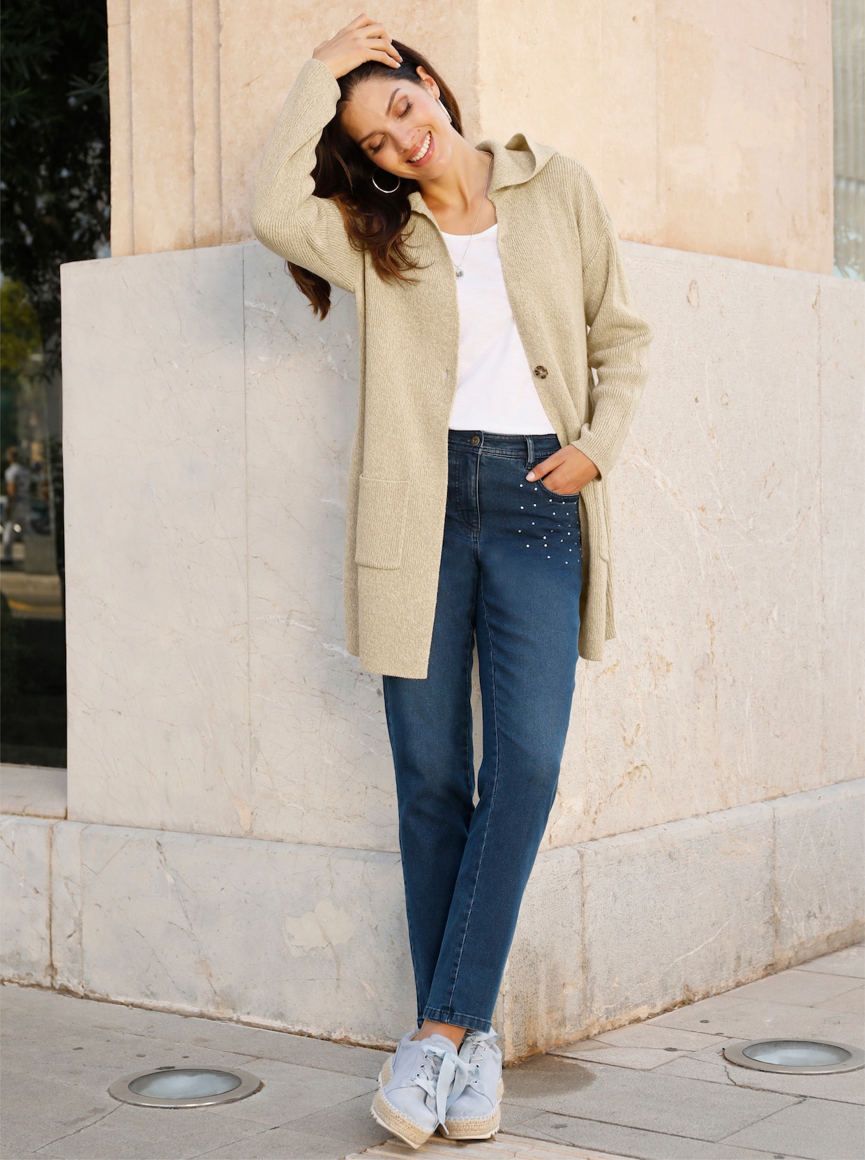 Longstrickjacke - beige-champagner-meliert