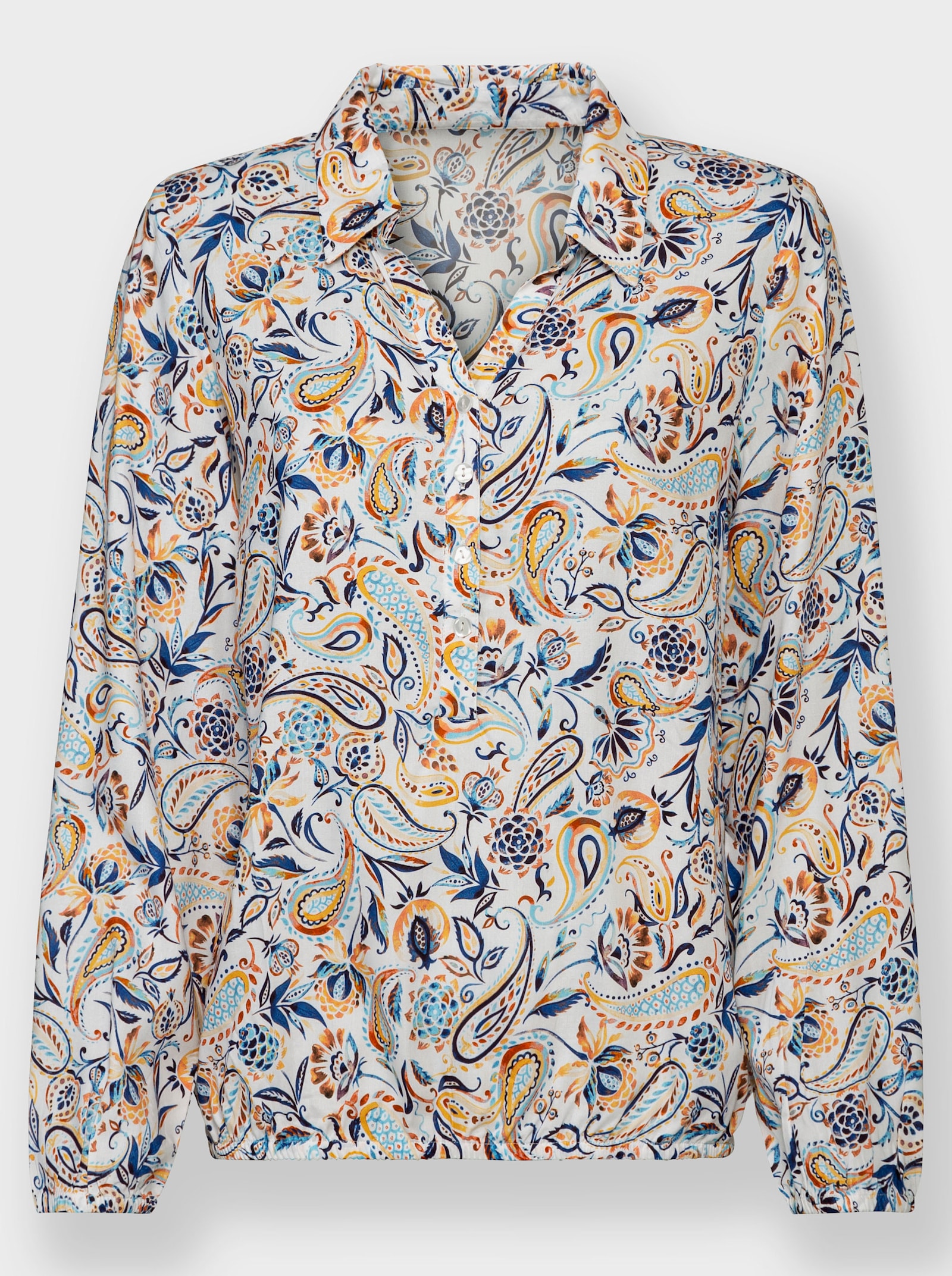 Druckbluse aus reiner Viskose - ocker-jeansblau-bedruckt