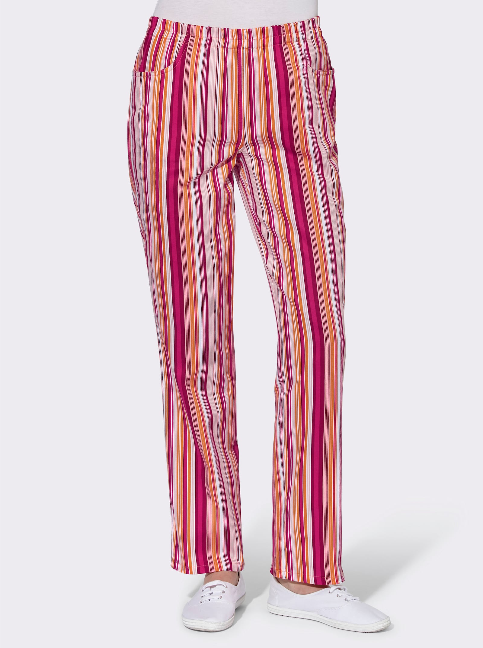 Comfortbroek van katoen - apricot/rood gestreept