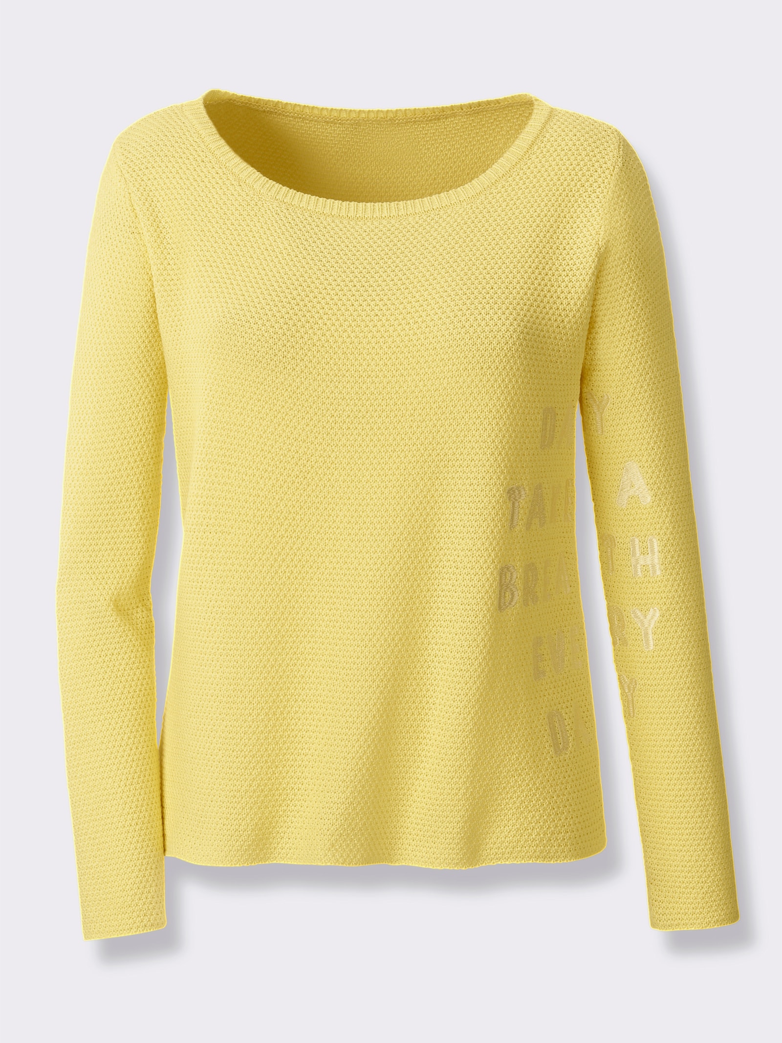 heine Pullover mit gestickter Schrift - zitrone-ecru-gemustert