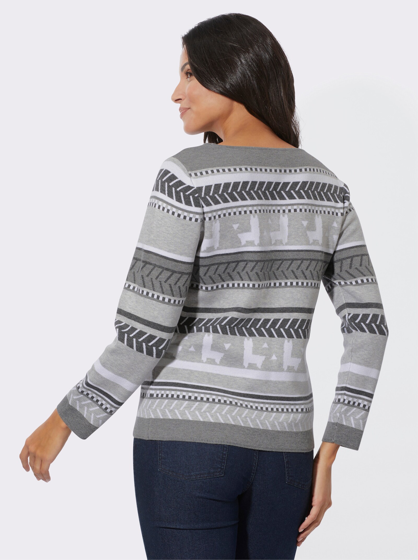 Jacquard-Pullover mit Lamas - hellgrau-graphit-gemustert