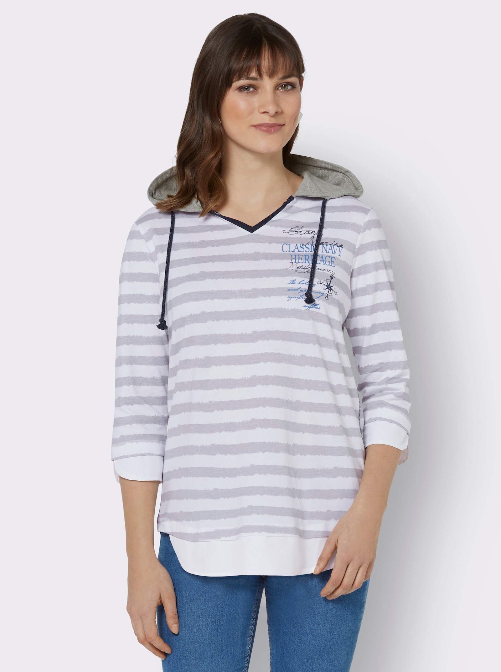 T-shirt à manches 3/4 avec capuche - blanc-gris clair imprimé