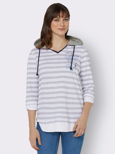 3/4-Arm-Shirt mit Kapuze - weiß-hellgrau-bedruckt